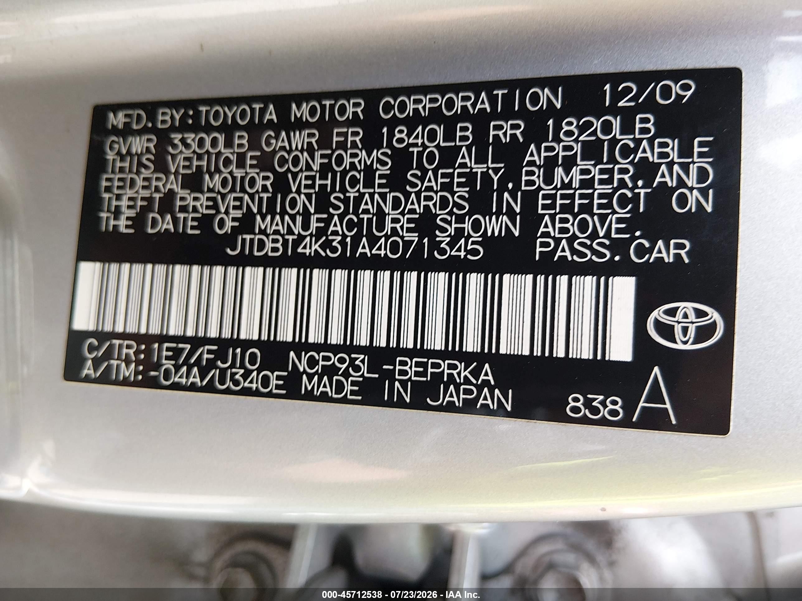 2010 Toyota Yaris   Silver vin: JTDBT4K31A4071345