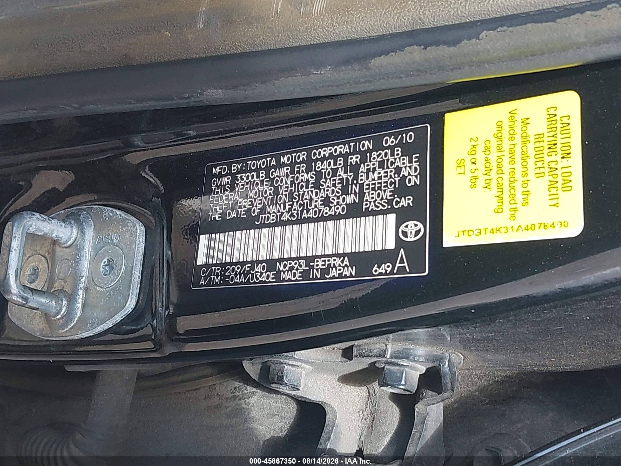 2010 Toyota Yaris   Black vin: JTDBT4K31A4078490