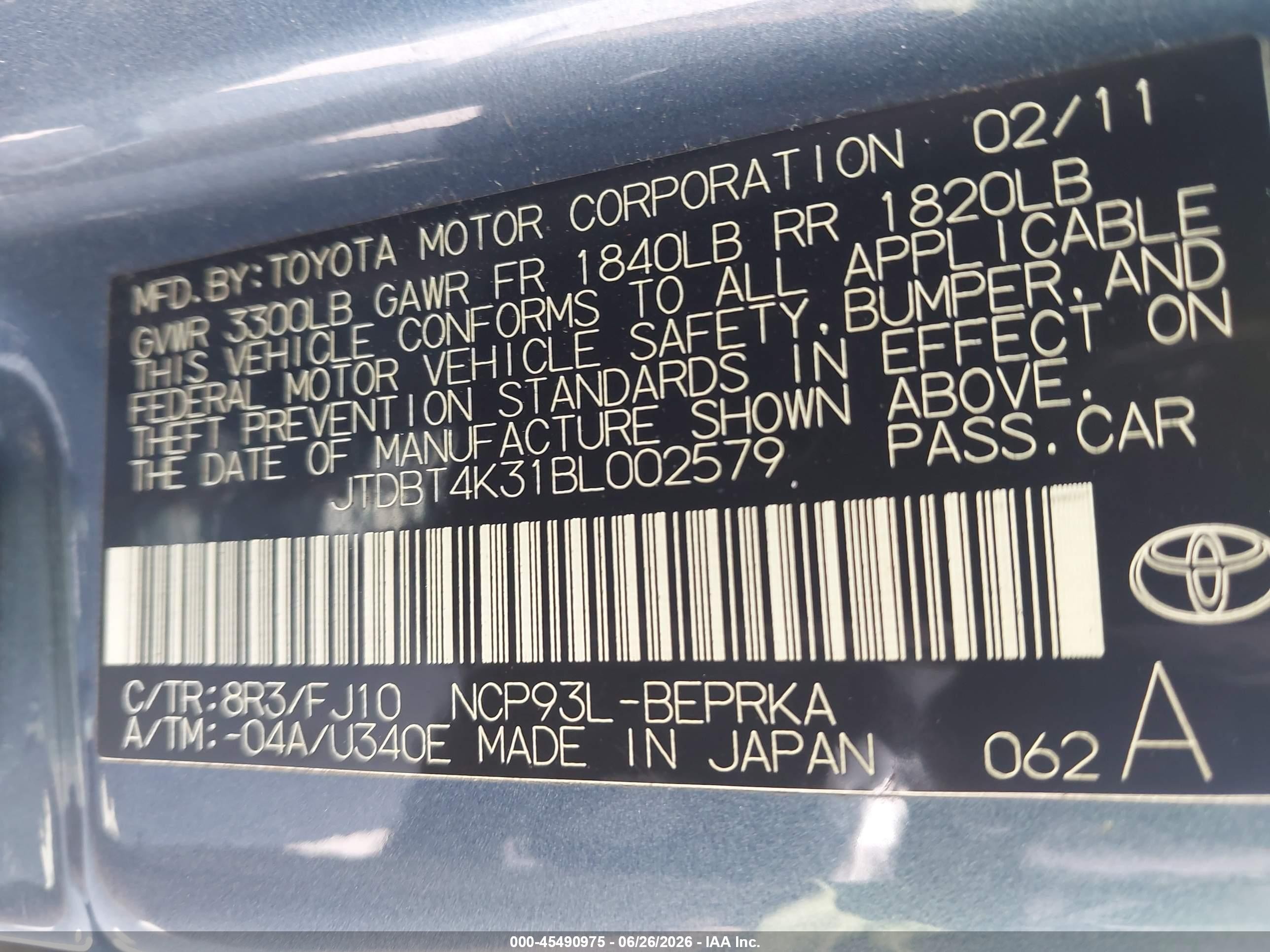 2011 Toyota Yaris   Blue vin: JTDBT4K31BL002579