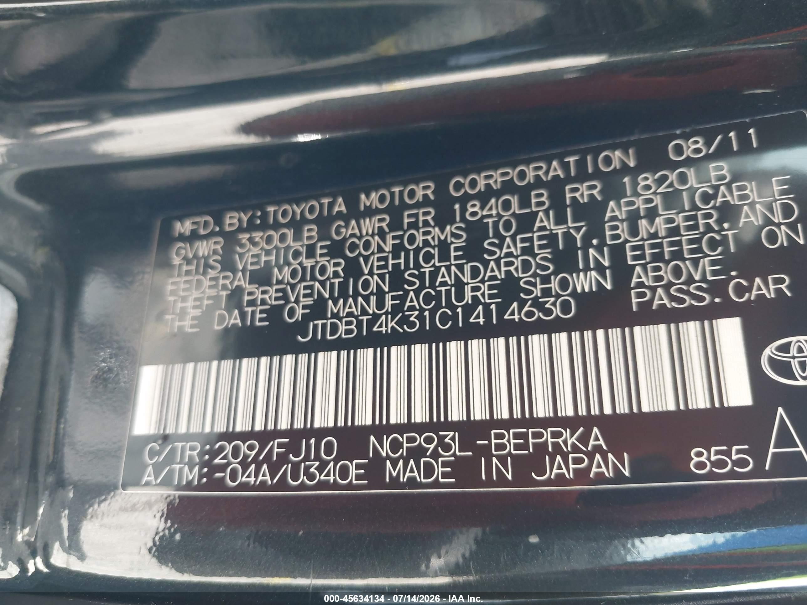 2012 Toyota Yaris   Black vin: JTDBT4K31C1414630