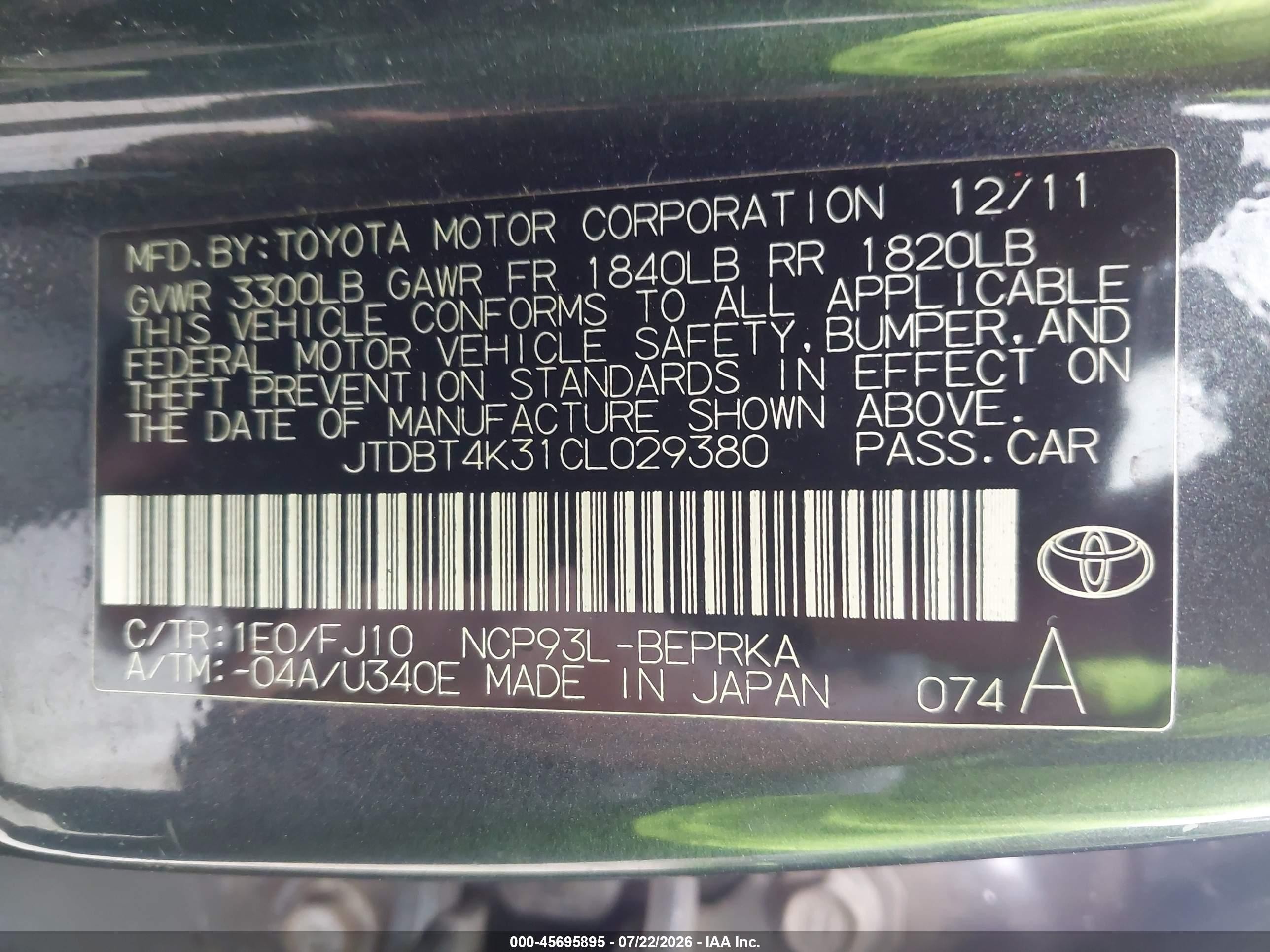 2012 Toyota Yaris   Black vin: JTDBT4K31CL029380