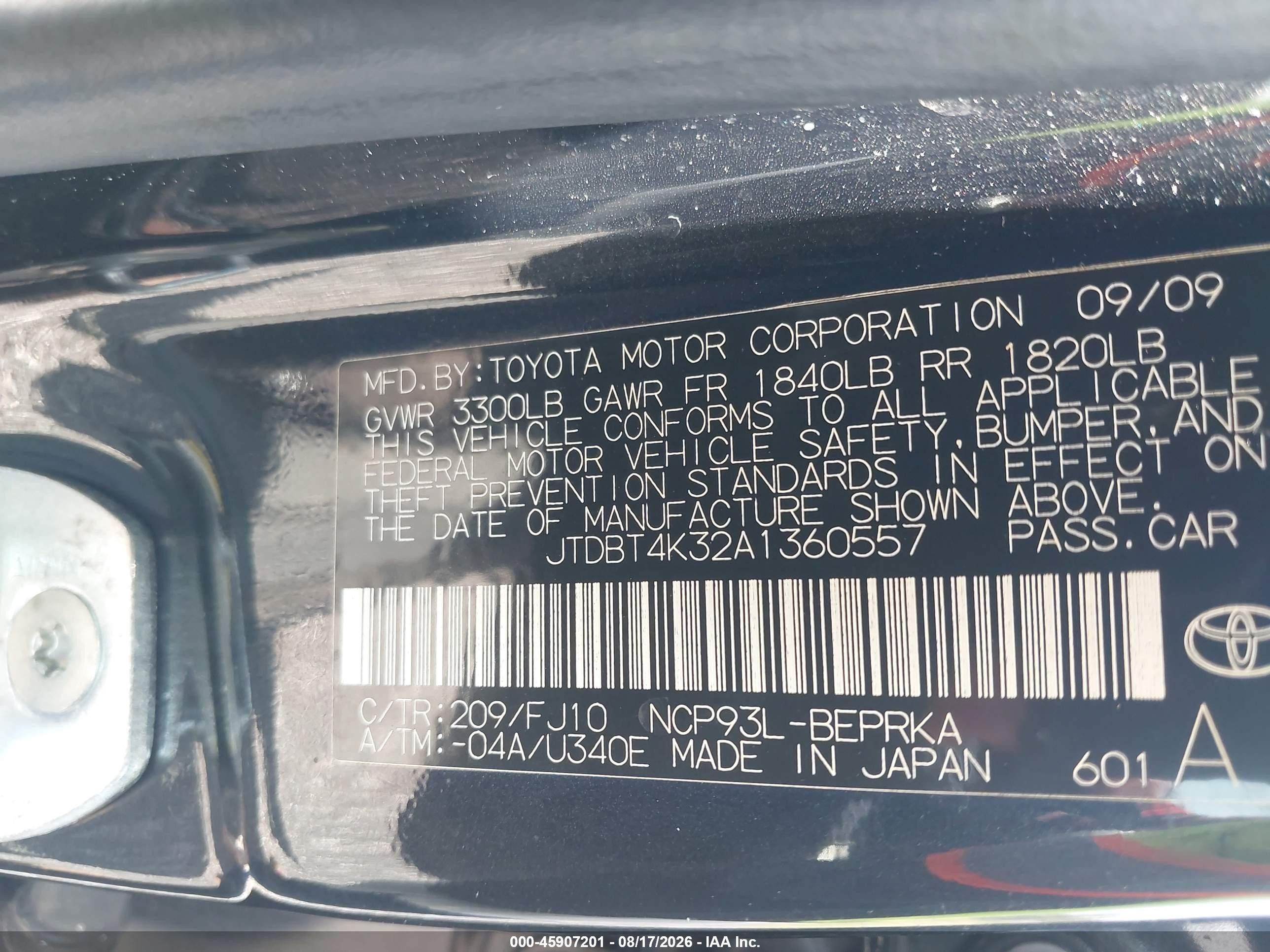 2010 Toyota Yaris   Black vin: JTDBT4K32A1360557