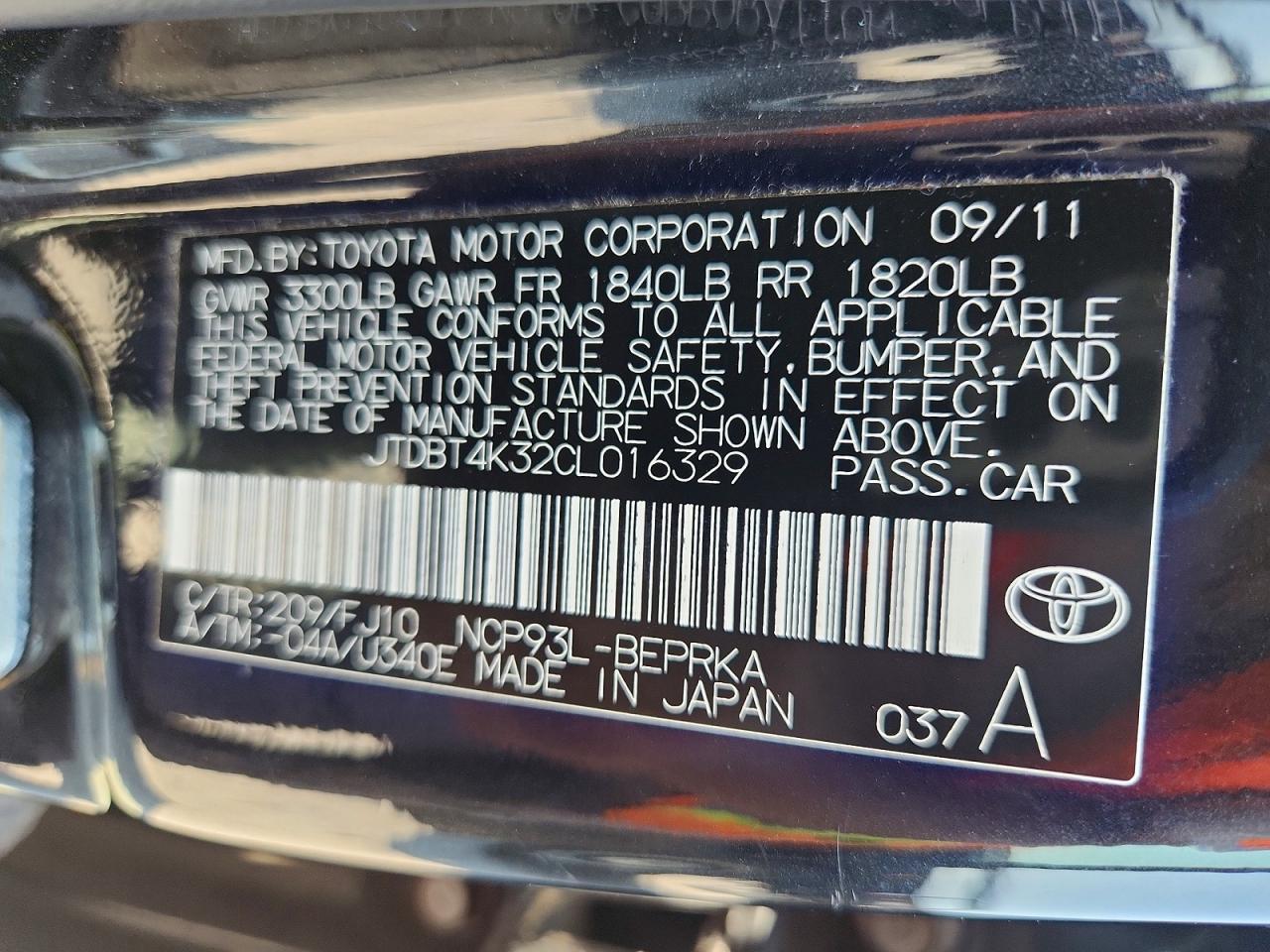 2012 Toyota Yaris Fleet Black vin: JTDBT4K32CL016329
