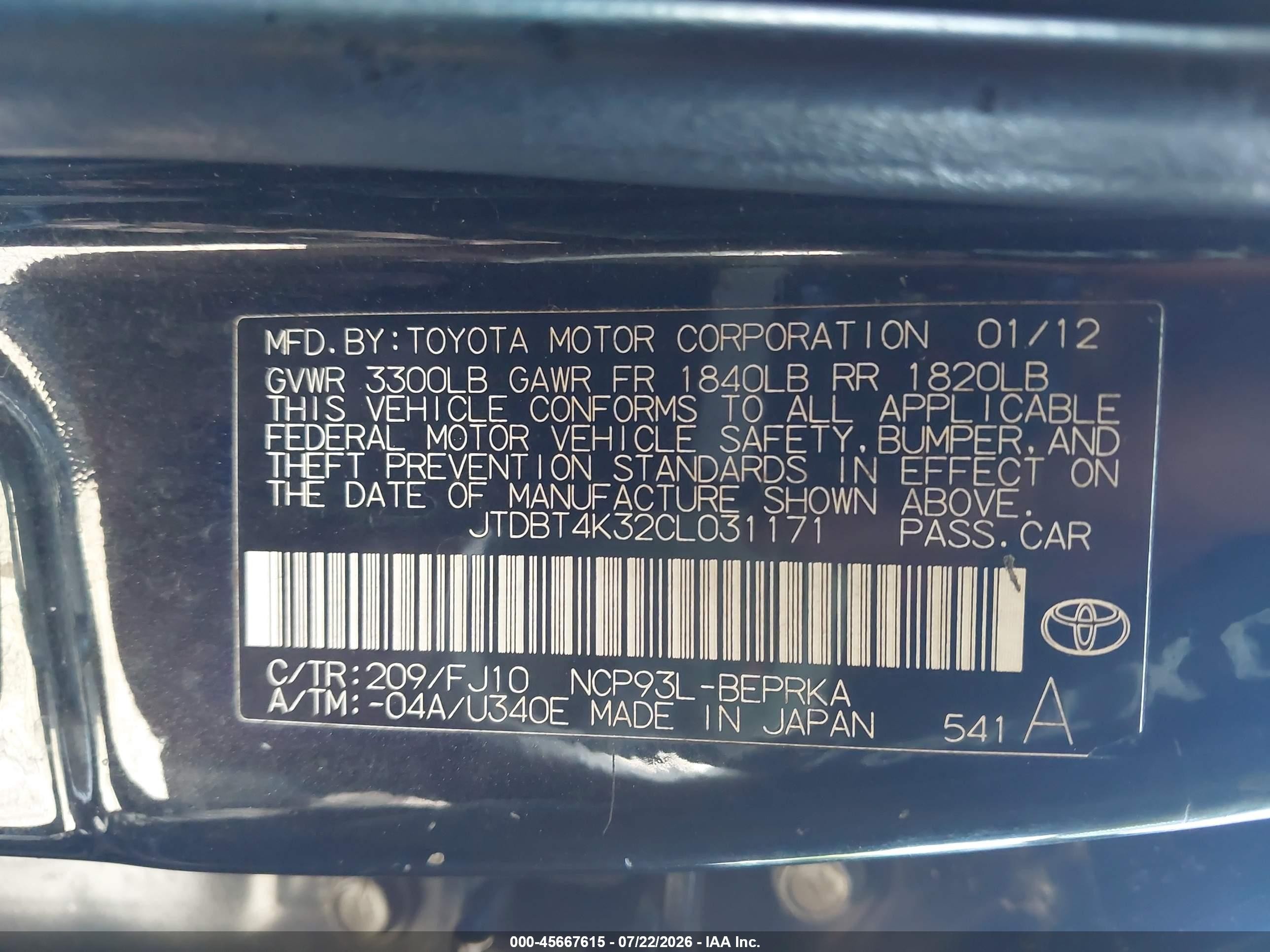 2012 Toyota Yaris   Черный vin: JTDBT4K32CL031171