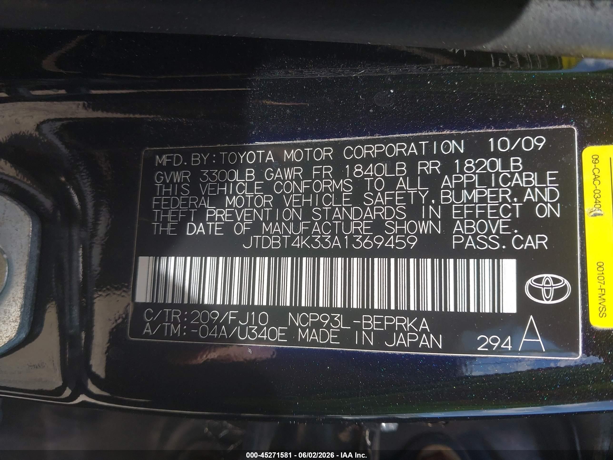 2010 Toyota Yaris Black vin: JTDBT4K33A1369459