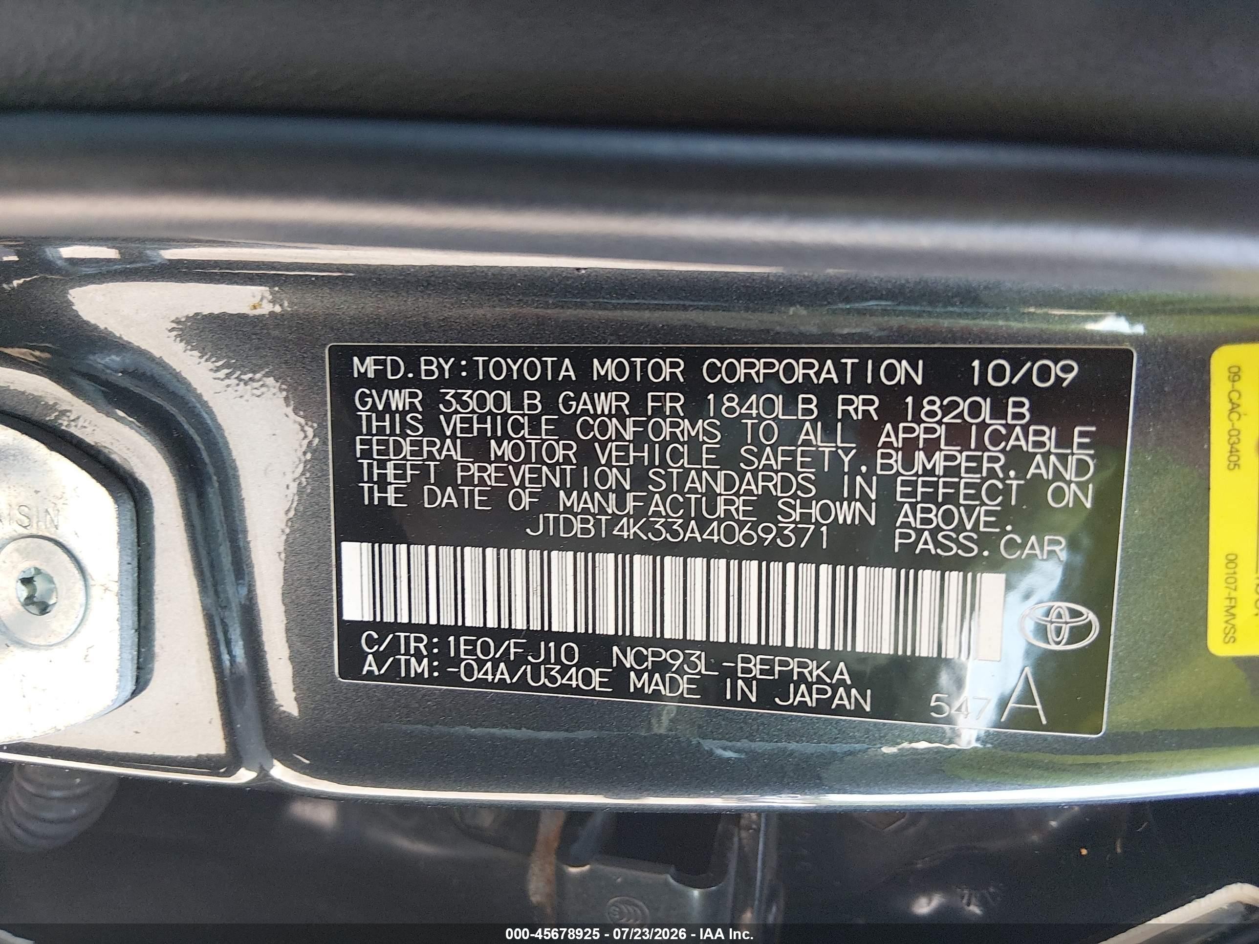 2010 Toyota Yaris   Gray vin: JTDBT4K33A4069371