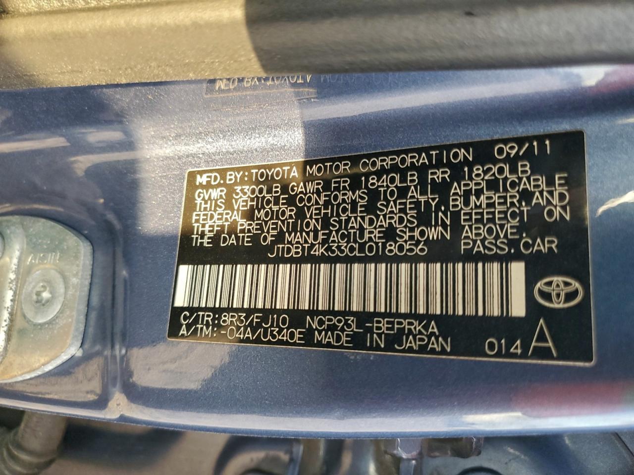 2012 Toyota Yaris Blue vin: JTDBT4K33CL018056
