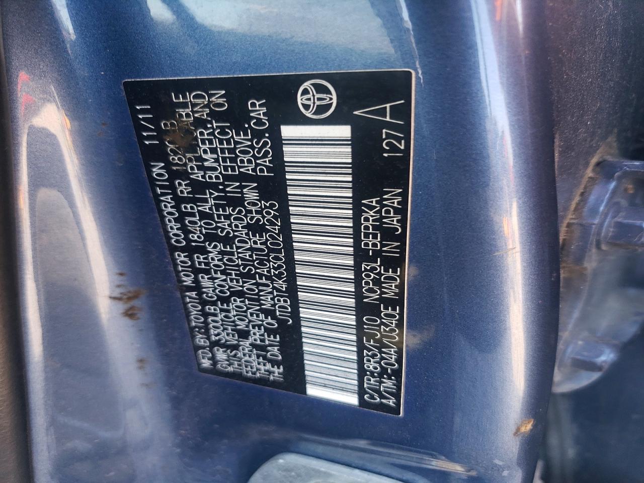 2012 Toyota Yaris Fleet Blue vin: JTDBT4K33CL024293