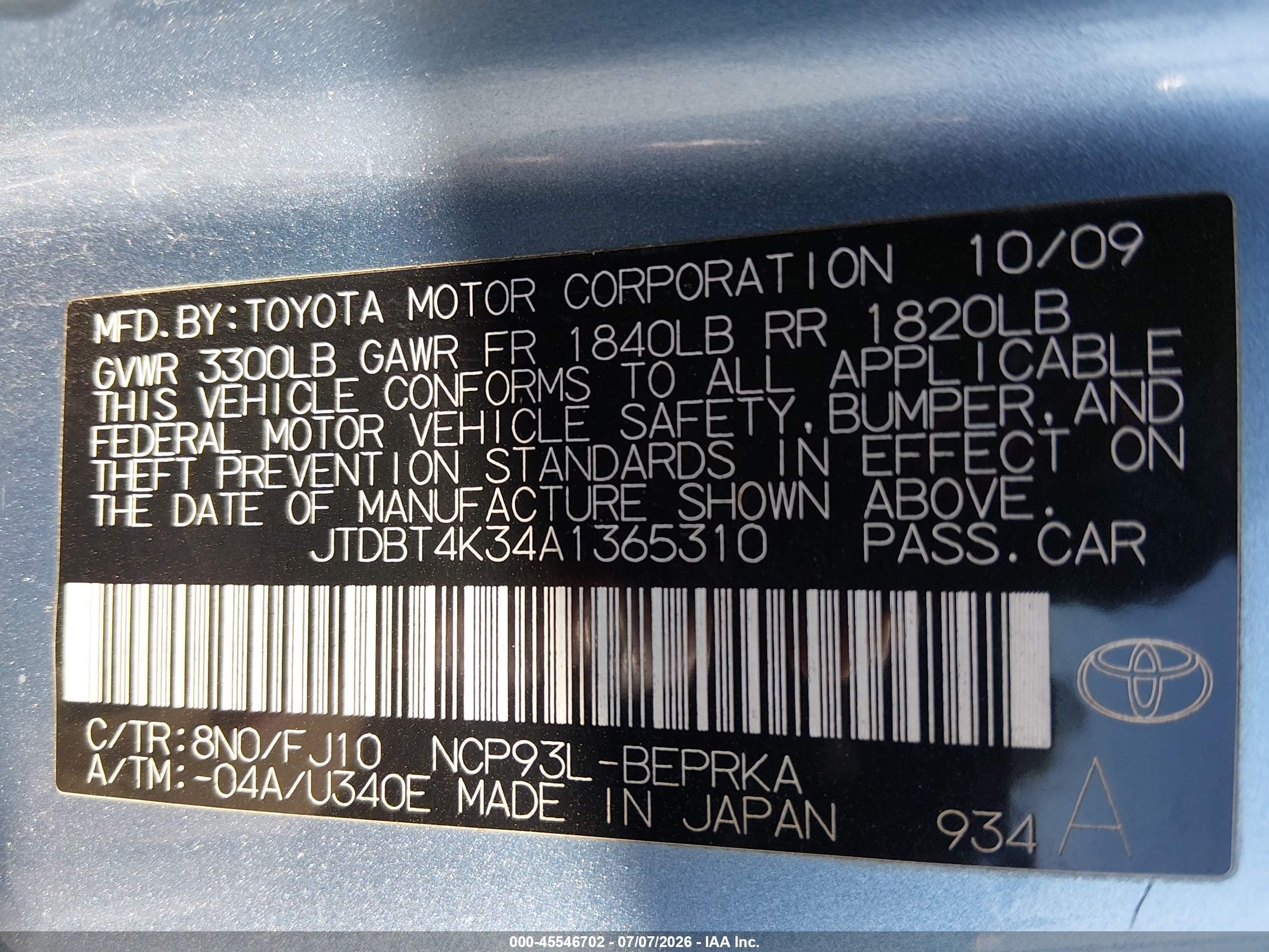 2010 Toyota Yaris   Light Blue vin: JTDBT4K34A1365310