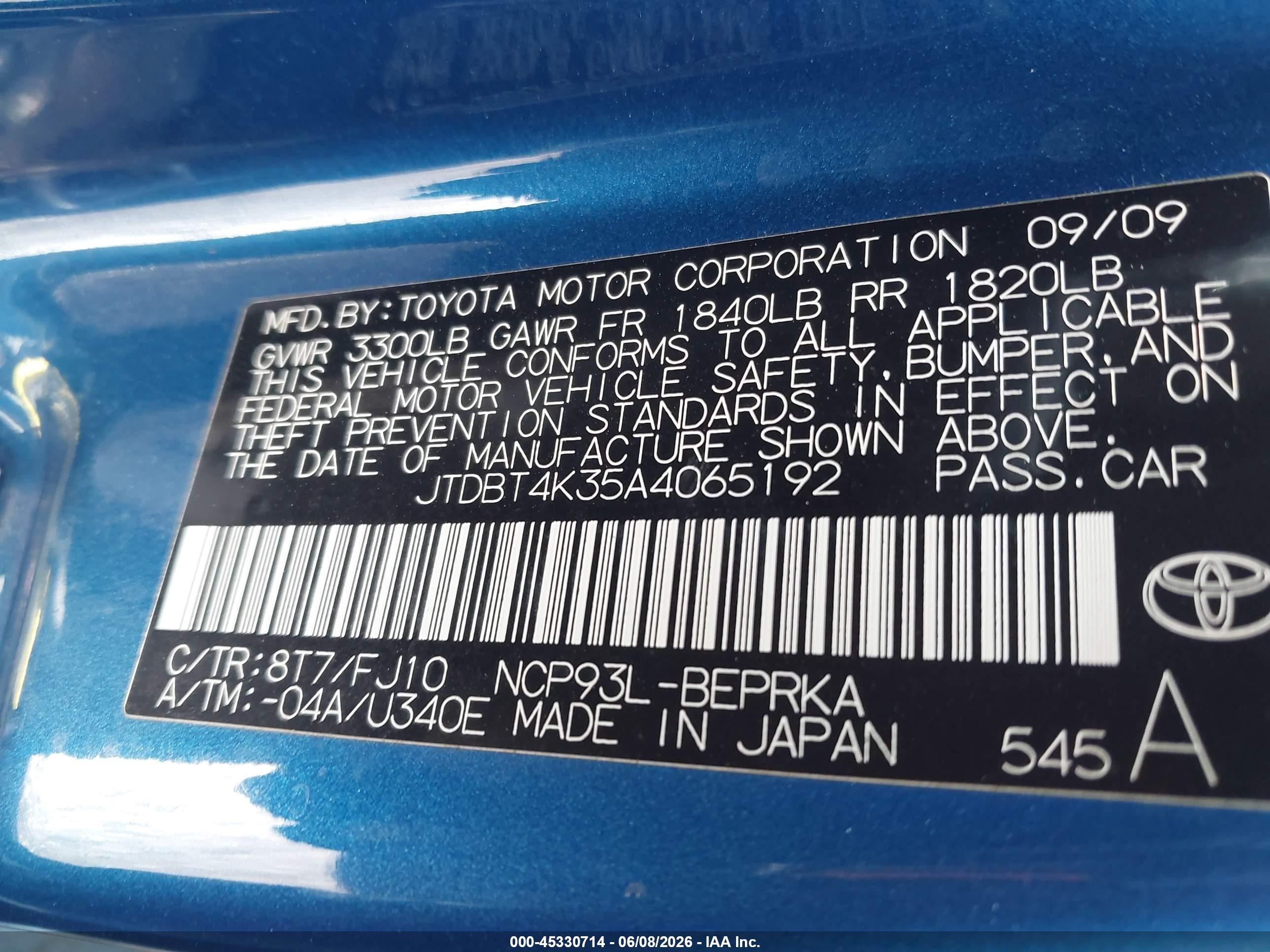 2010 Toyota Yaris Blue vin: JTDBT4K35A4065192