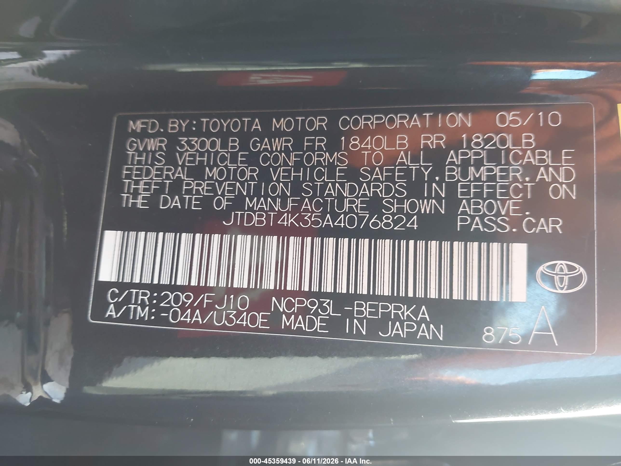 2010 Toyota Yaris   Gray vin: JTDBT4K35A4076824