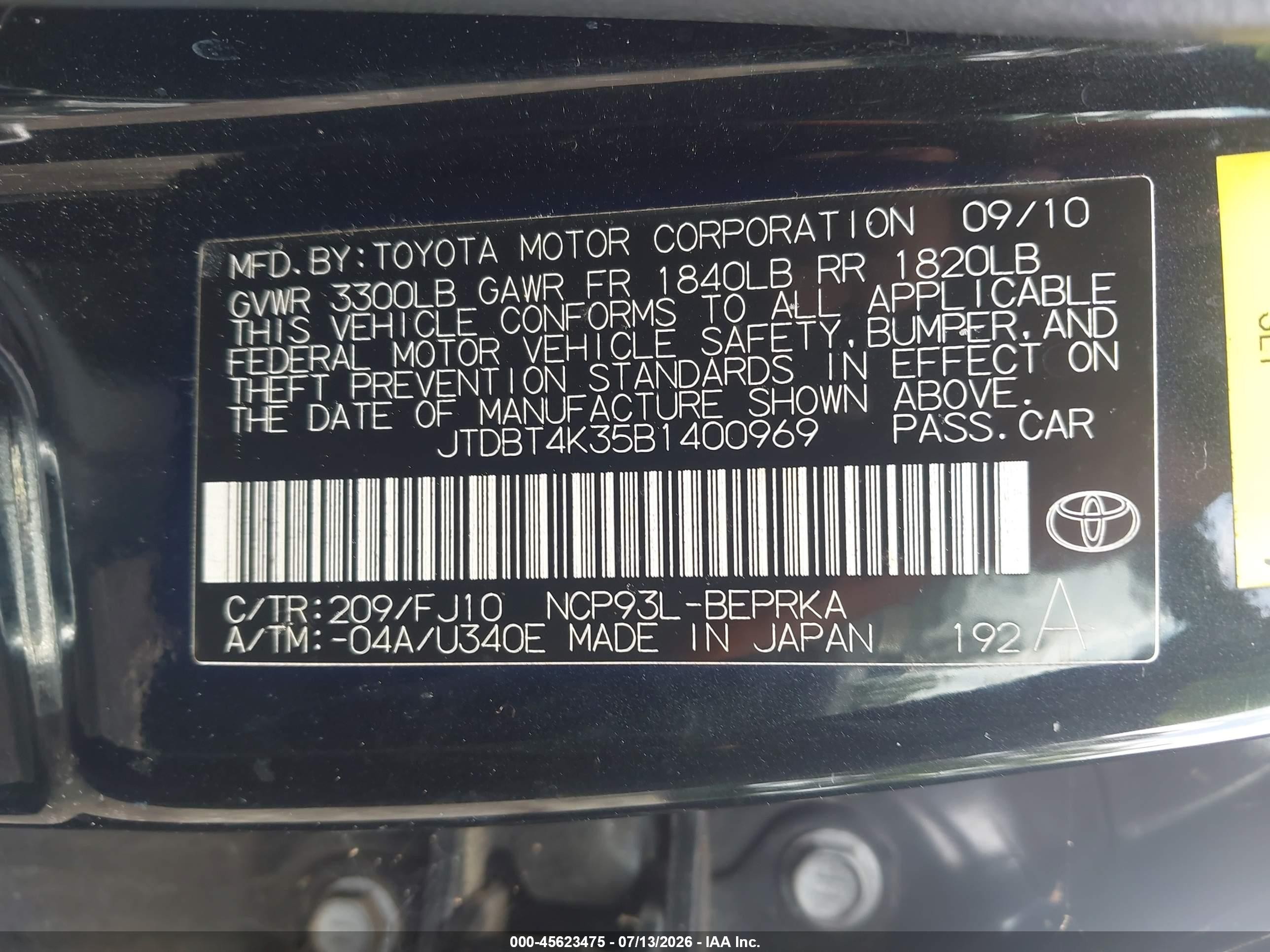 2011 Toyota Yaris   Black vin: JTDBT4K35B1400969