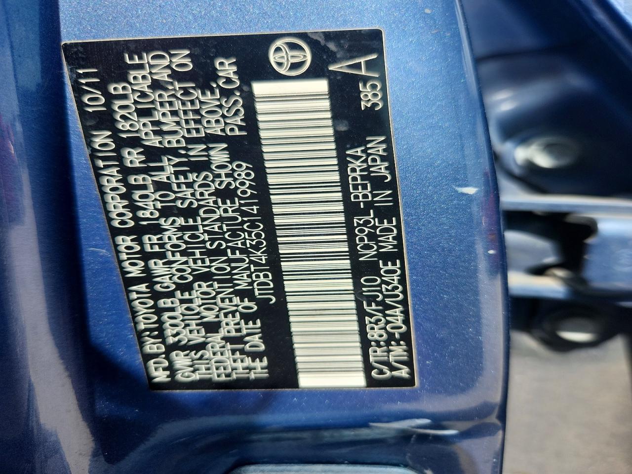 2012 Toyota Yaris Fleet Blue vin: JTDBT4K35C1419989