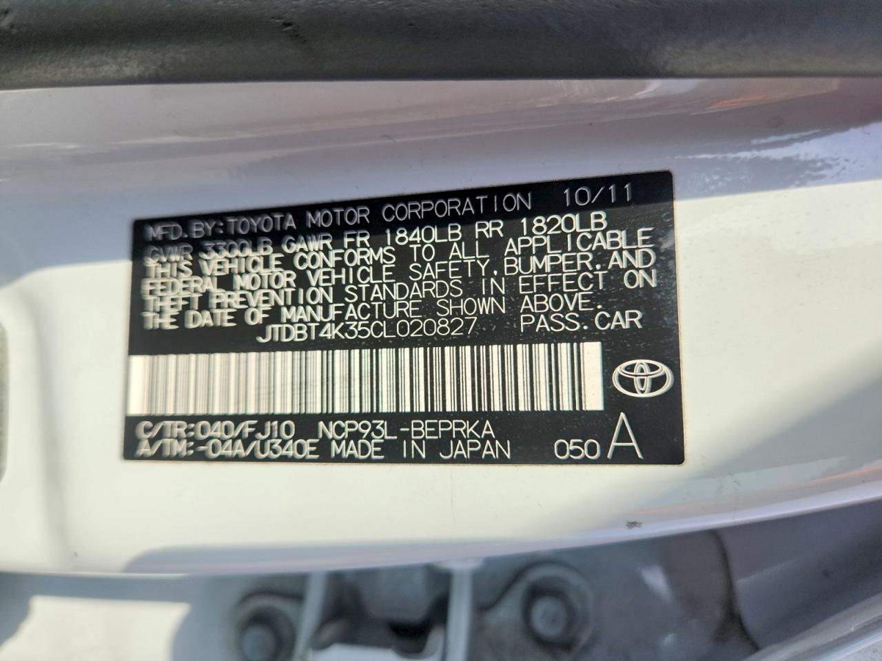 2012 Toyota Yaris Fleet White vin: JTDBT4K35CL020827