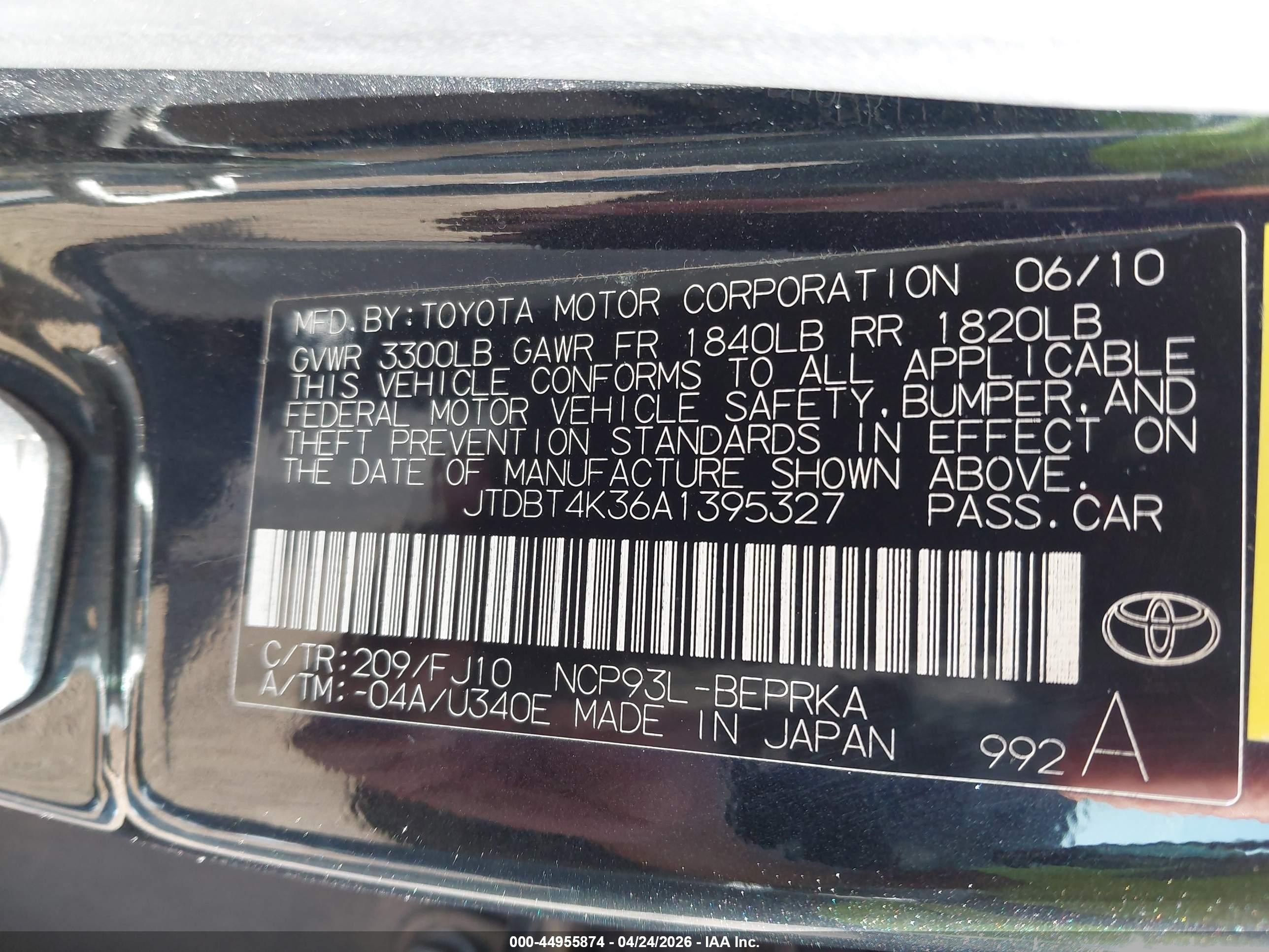 2010 Toyota Yaris   Black vin: JTDBT4K36A1395327