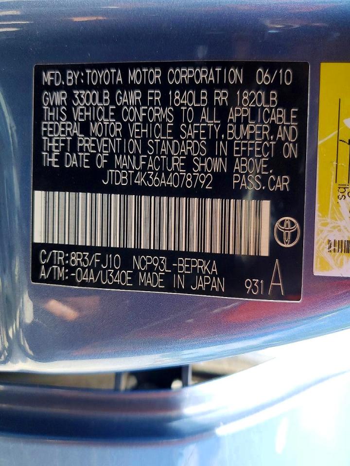 2010 Toyota Yaris Base Blue vin: JTDBT4K36A4078792