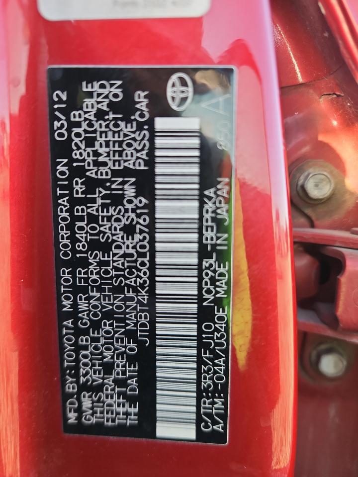 2012 Toyota Yaris Fleet Red vin: JTDBT4K36CL037619