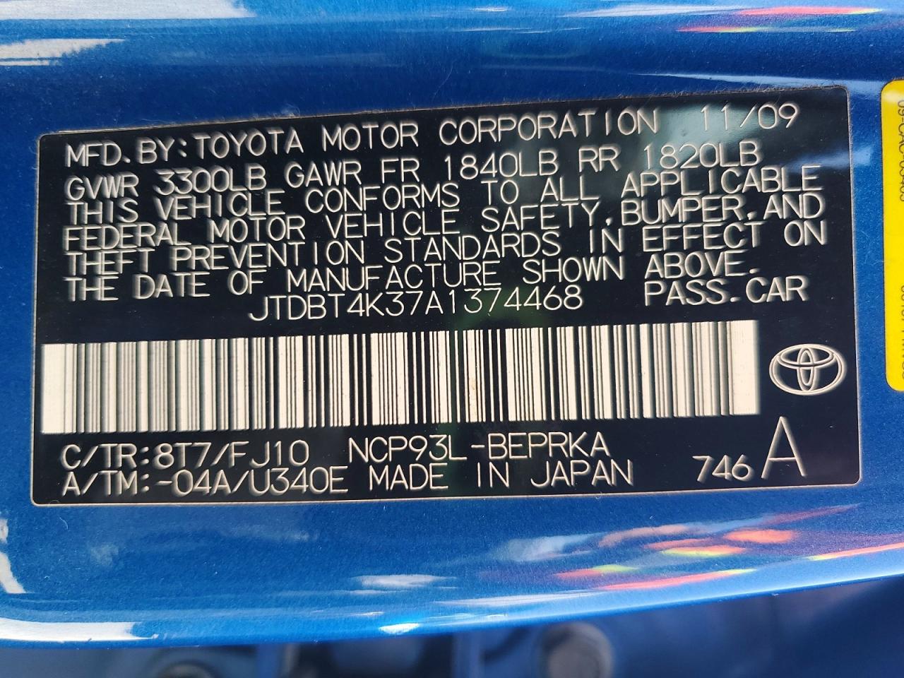 2010 Toyota Yaris Base Blue vin: JTDBT4K37A1374468