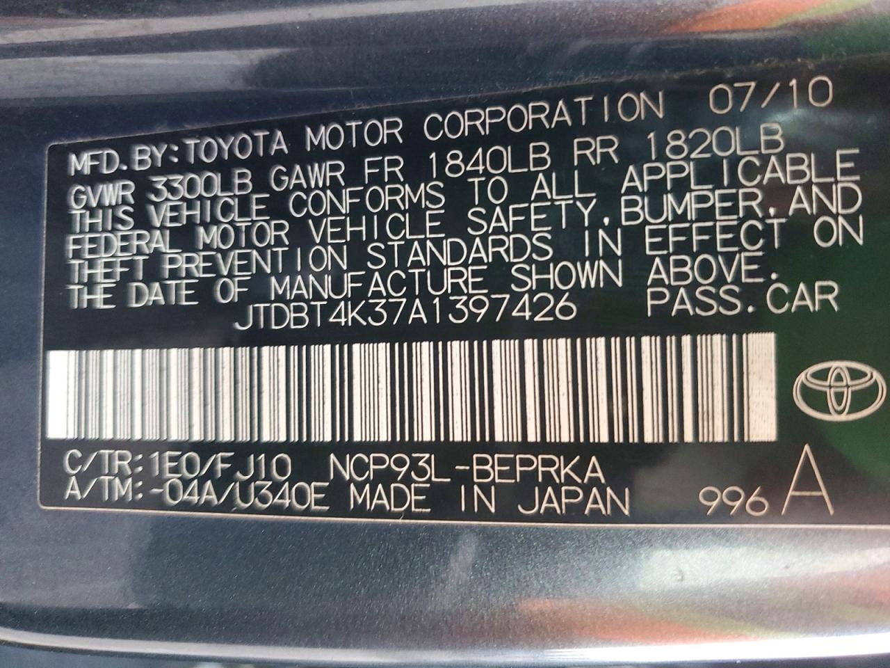 2010 Toyota Yaris Base Gray vin: JTDBT4K37A1397426