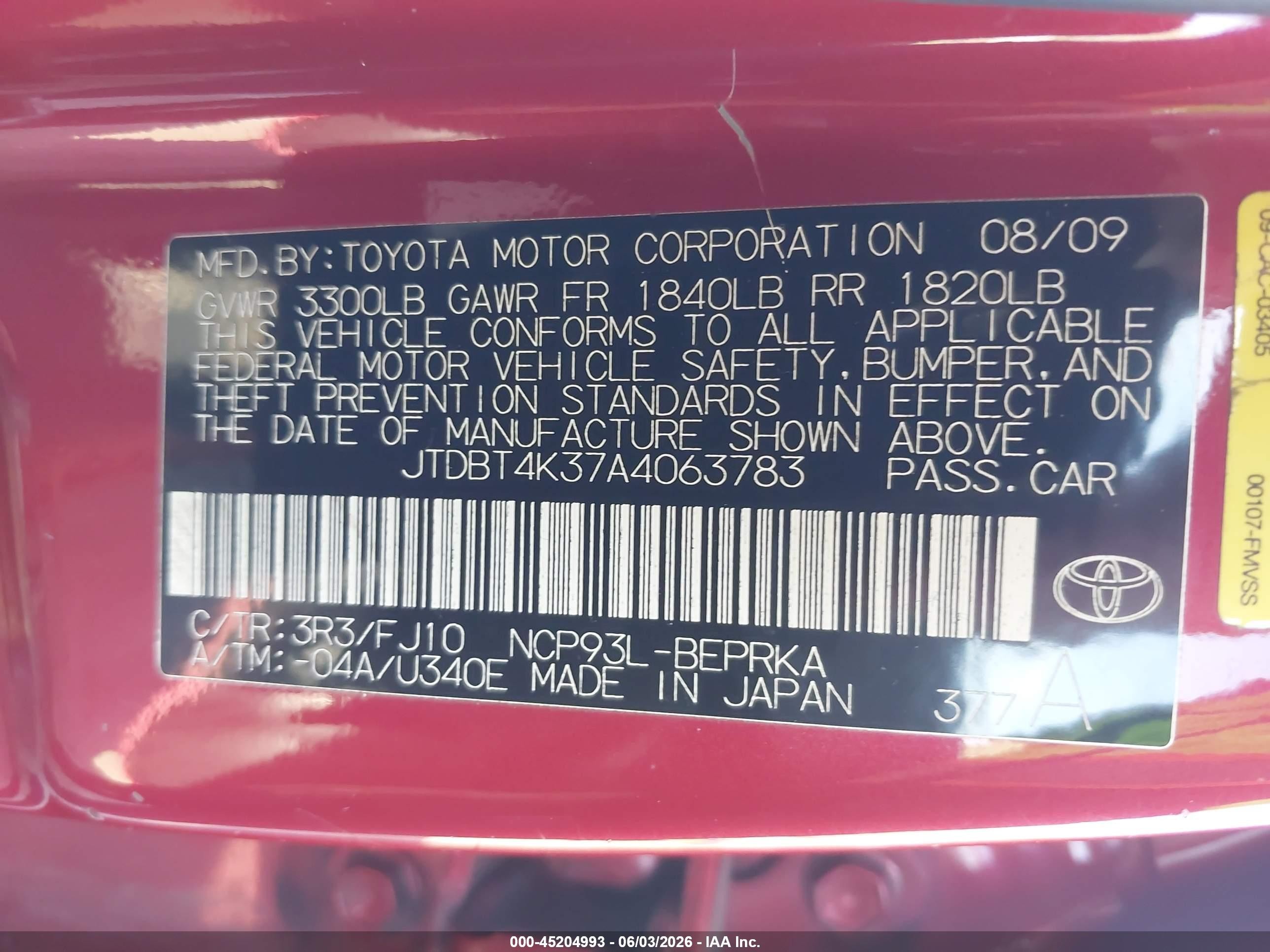 2010 Toyota Yaris   Red vin: JTDBT4K37A4063783