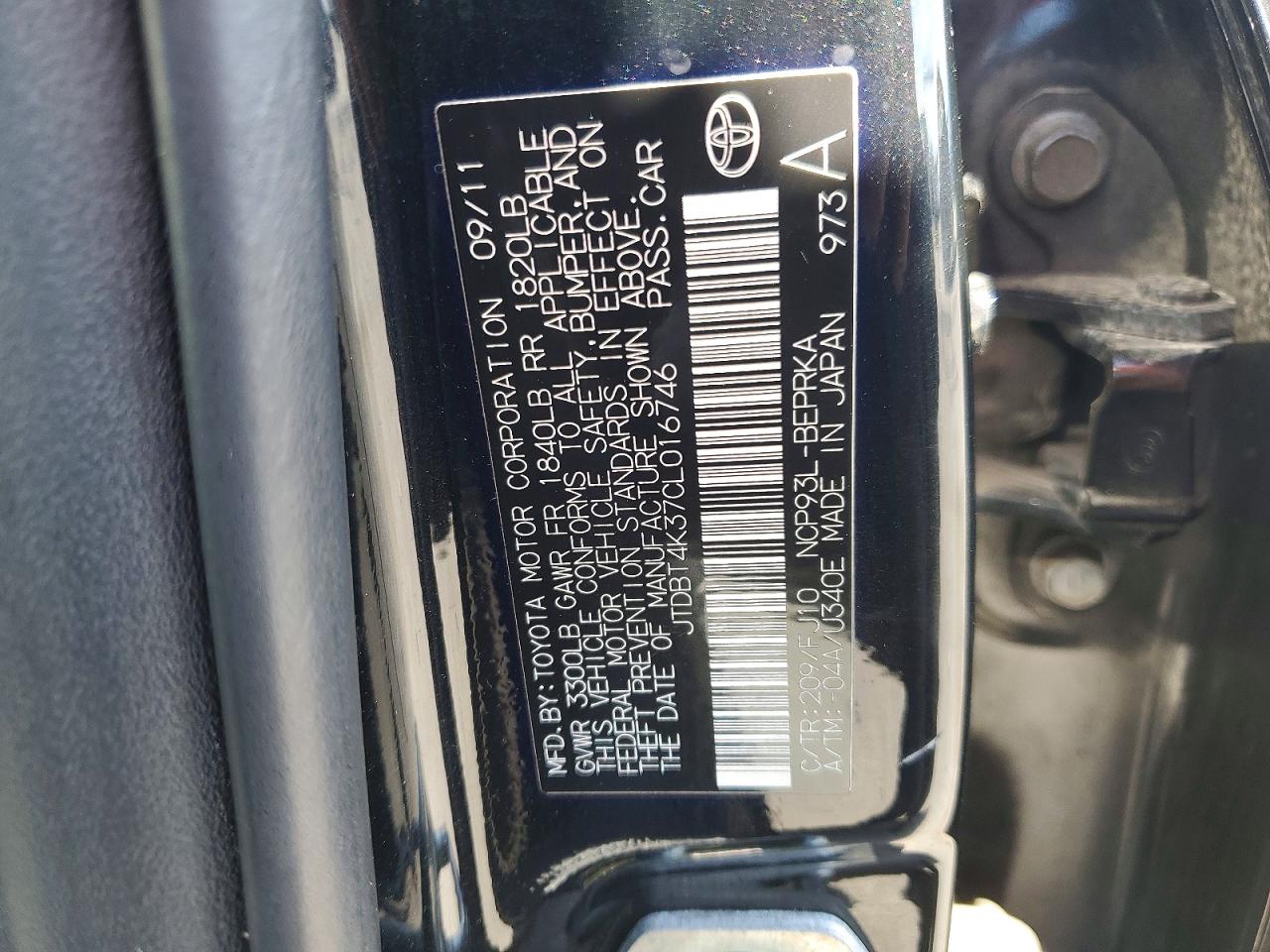 2012 Toyota Yaris Fleet Black vin: JTDBT4K37CL016746