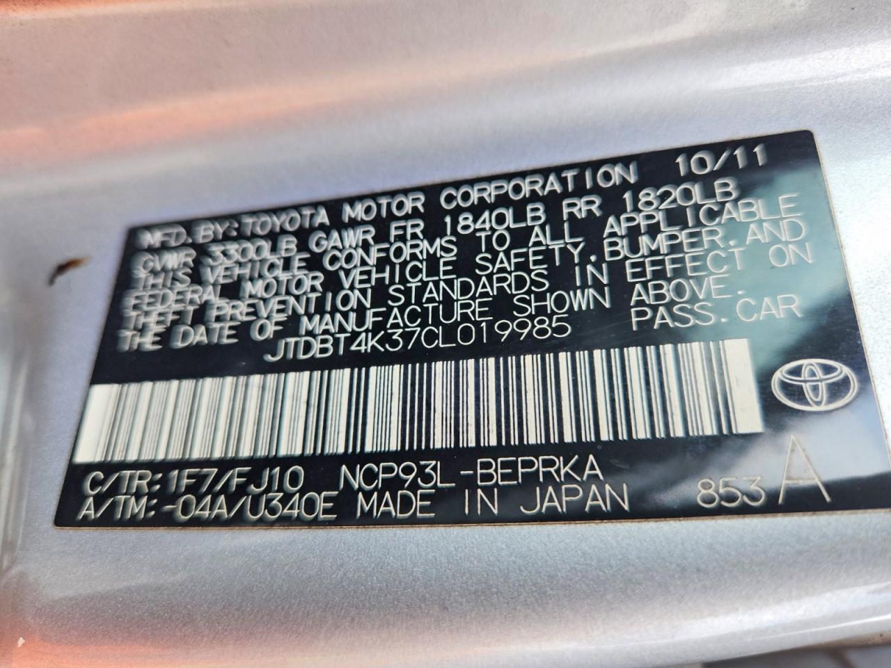 2012 Toyota Yaris Fleet Silver vin: JTDBT4K37CL019985