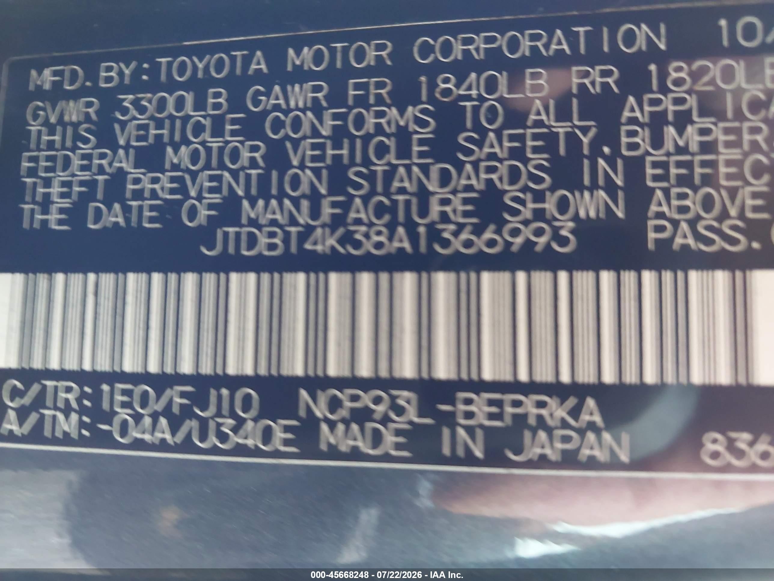 2010 Toyota Yaris   Gray vin: JTDBT4K38A1366993