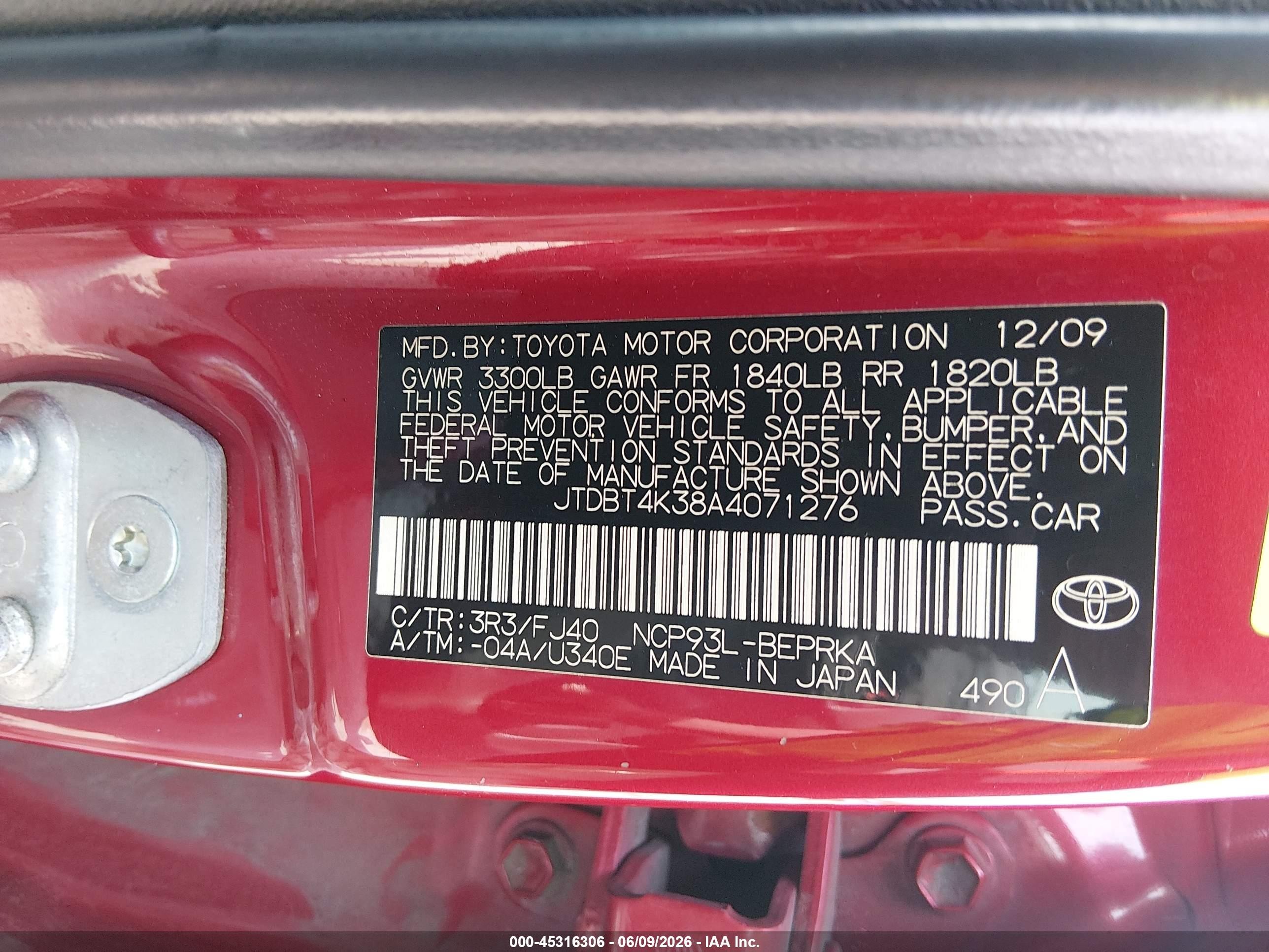 2010 Toyota Yaris Red vin: JTDBT4K38A4071276