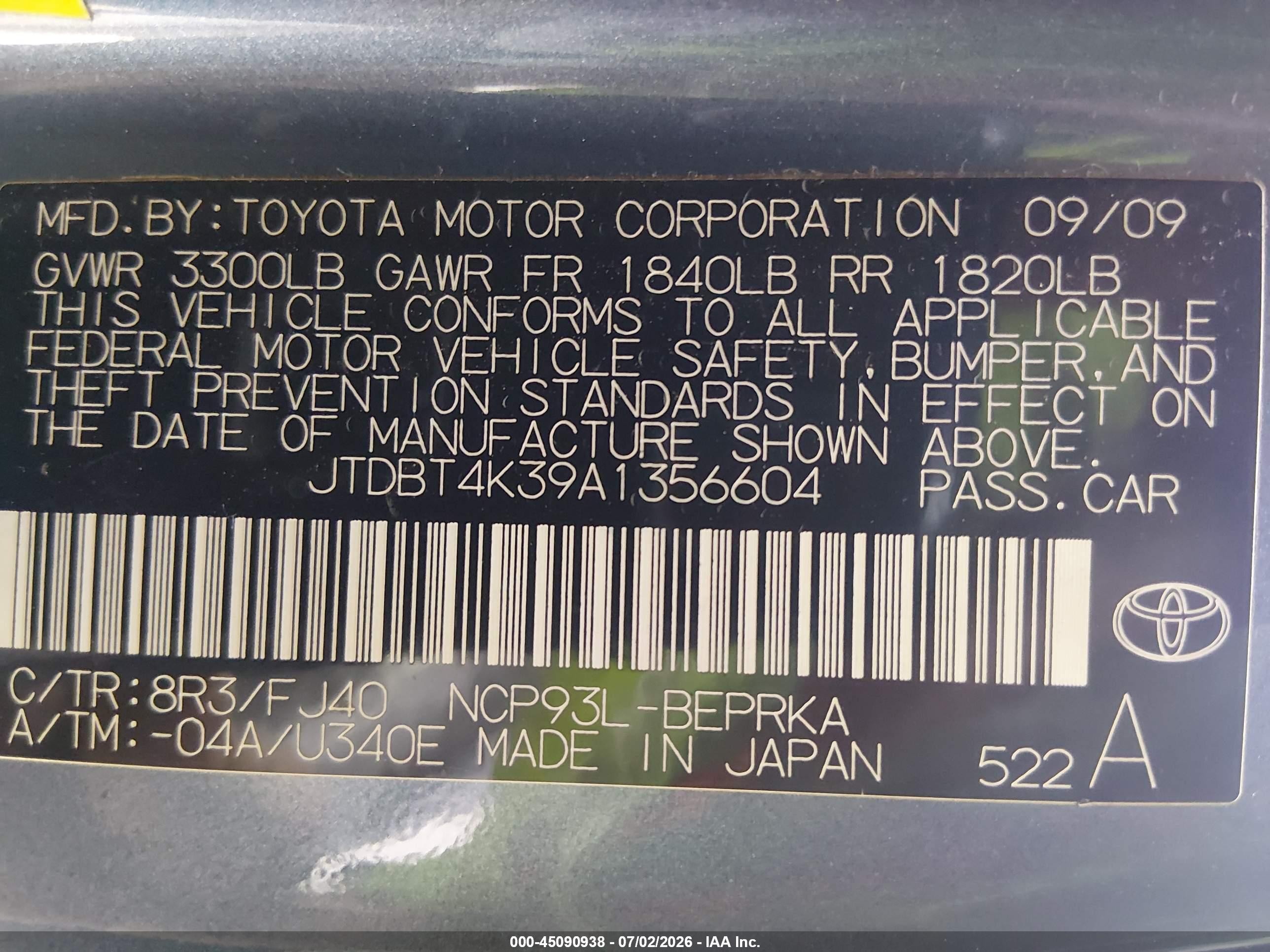 2010 Toyota Yaris   Blue vin: JTDBT4K39A1356604