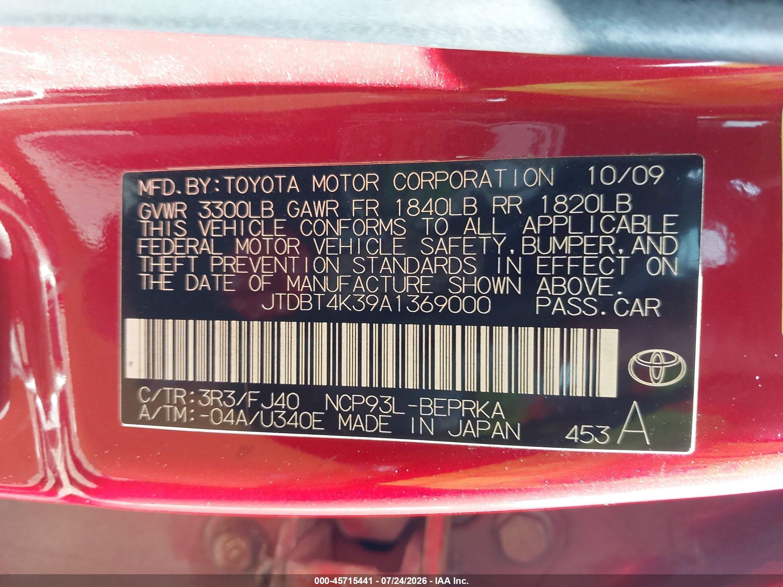 2010 Toyota Yaris   Red vin: JTDBT4K39A1369000