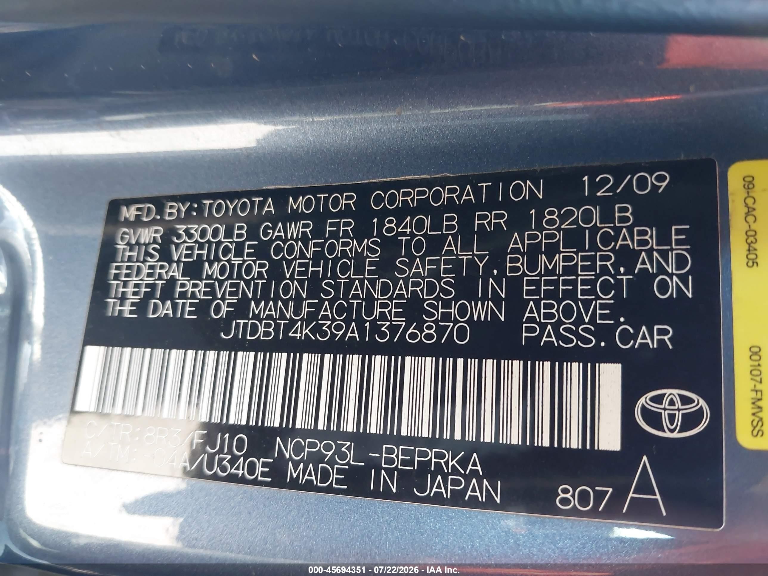 2010 Toyota Yaris   Blue vin: JTDBT4K39A1376870
