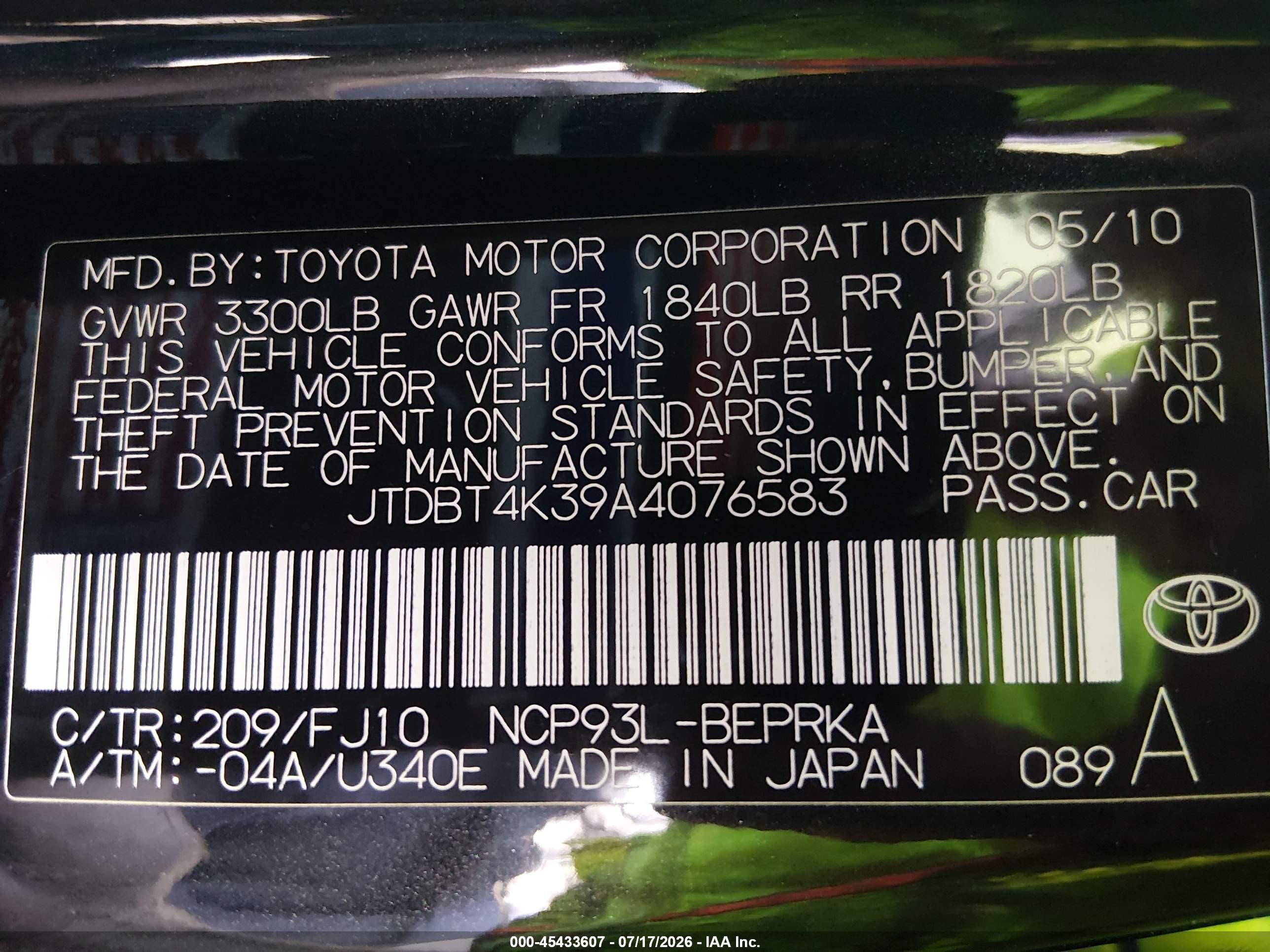 2010 Toyota Yaris   Black vin: JTDBT4K39A4076583