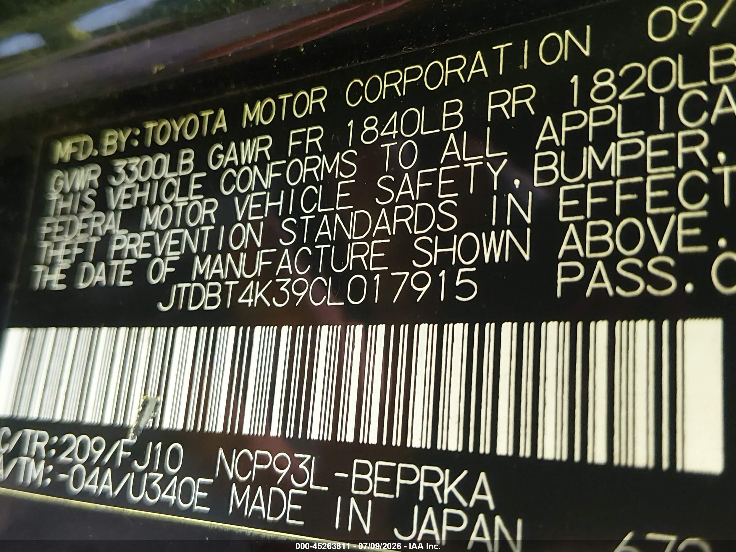 2012 Toyota Yaris   Black vin: JTDBT4K39CL017915