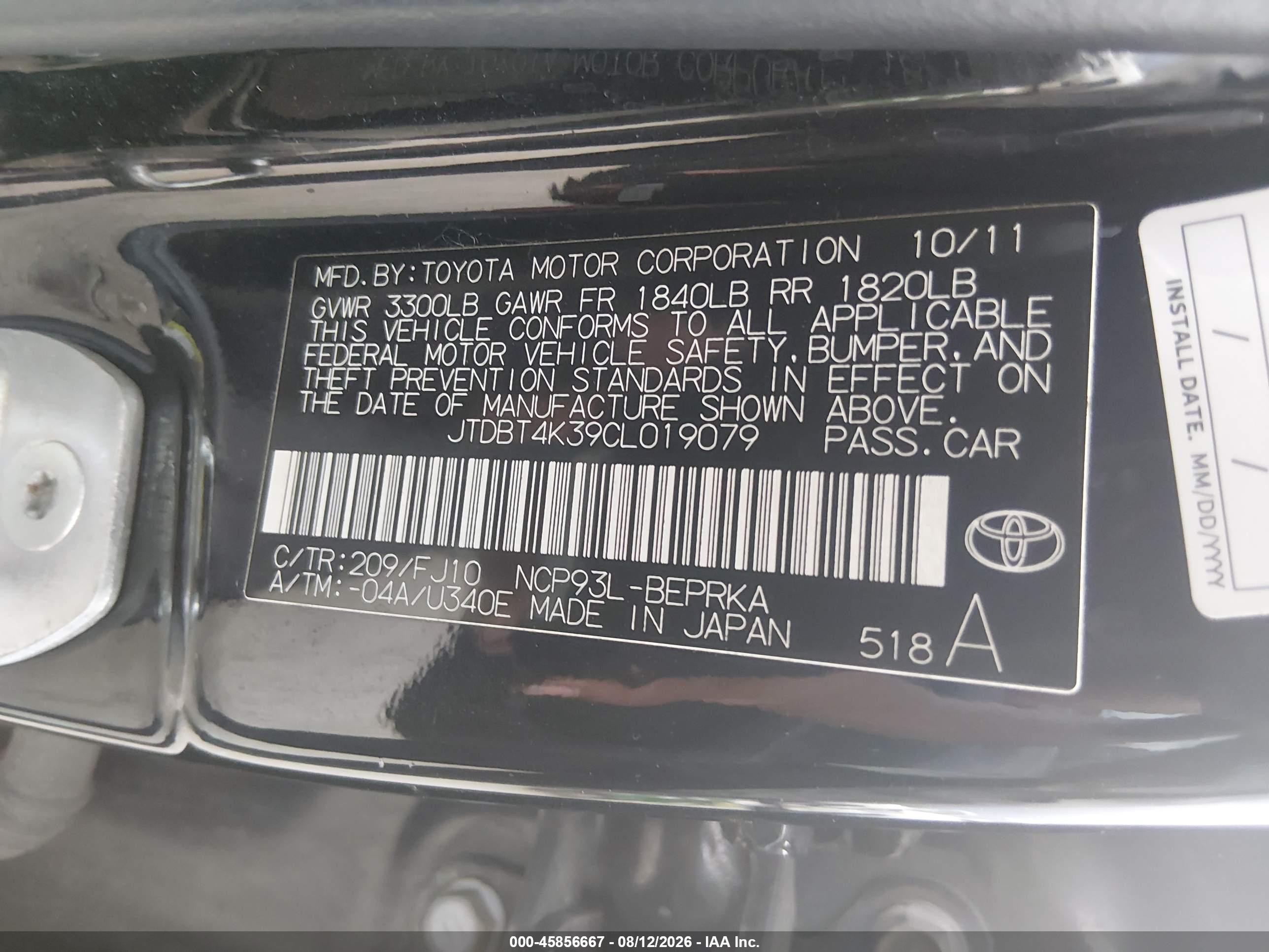 2012 Toyota Yaris   Черный vin: JTDBT4K39CL019079