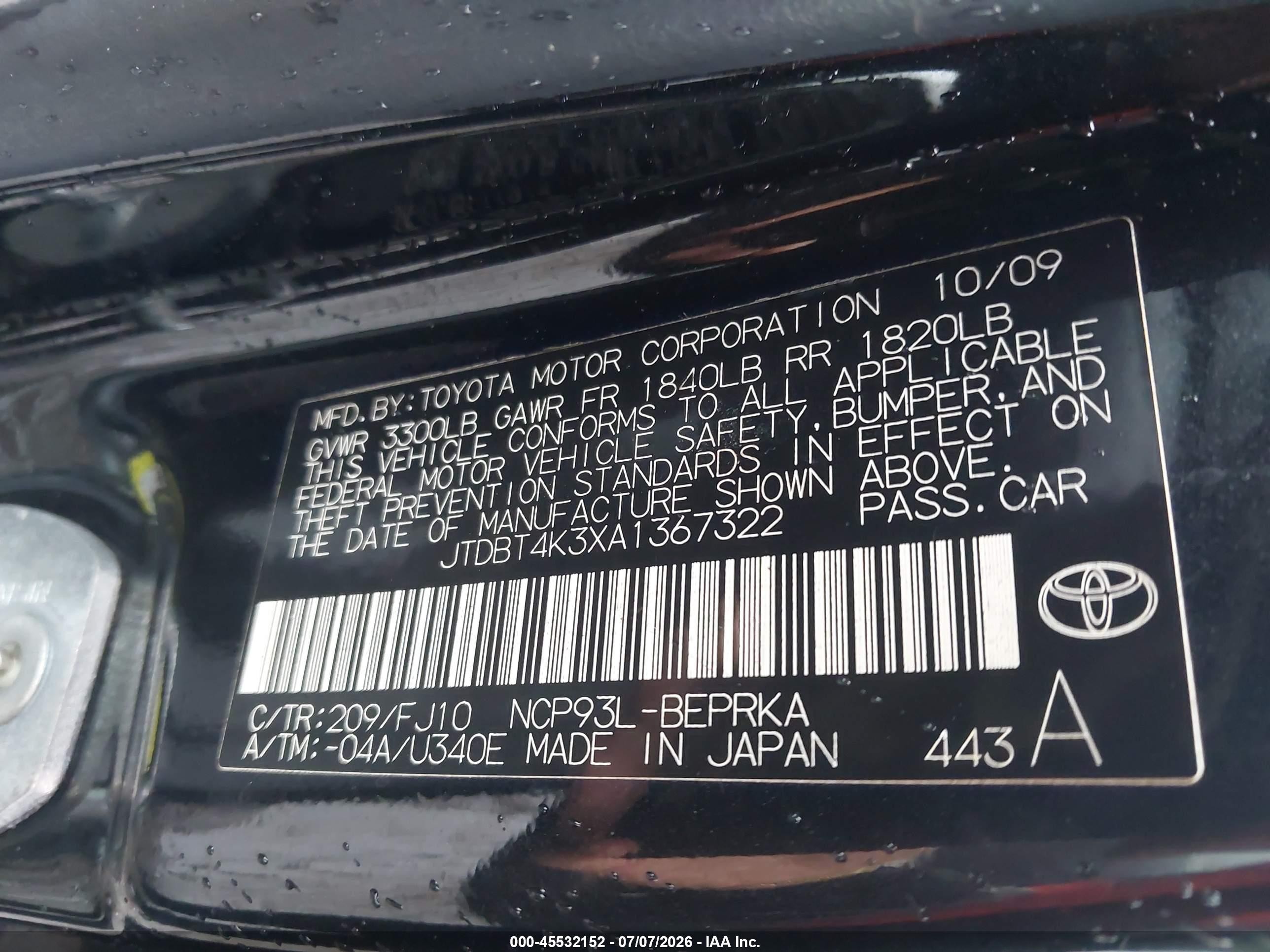2010 Toyota Yaris   Black vin: JTDBT4K3XA1367322