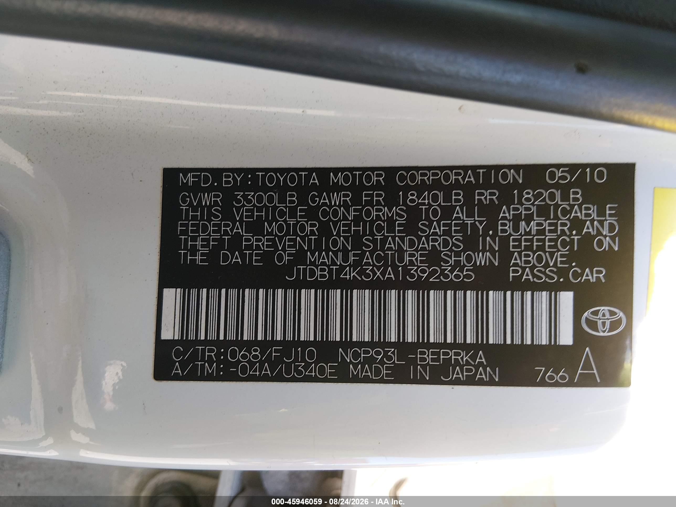 2010 Toyota Yaris   White vin: JTDBT4K3XA1392365