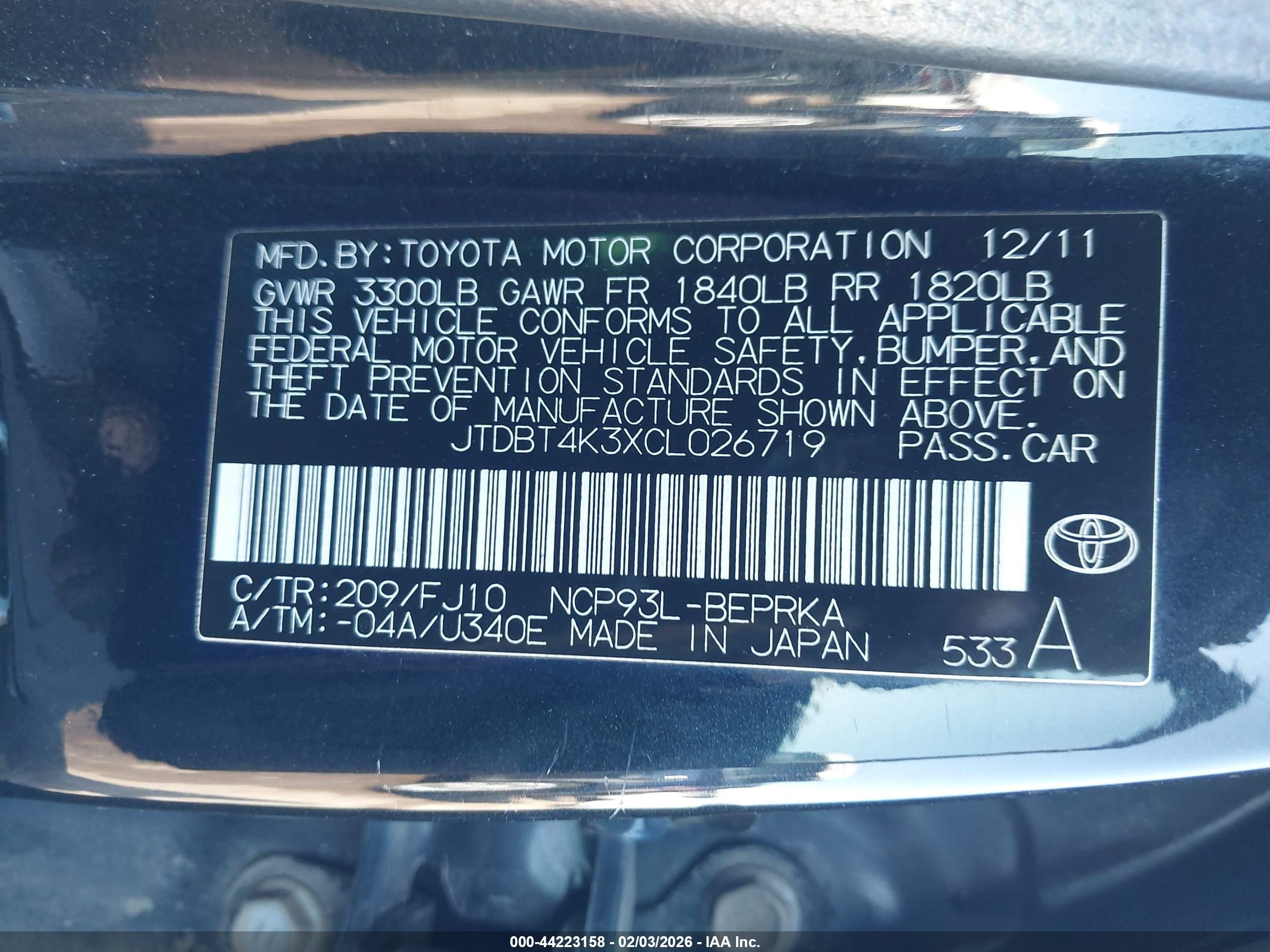 2012 Toyota Yaris Black vin: JTDBT4K3XCL026719