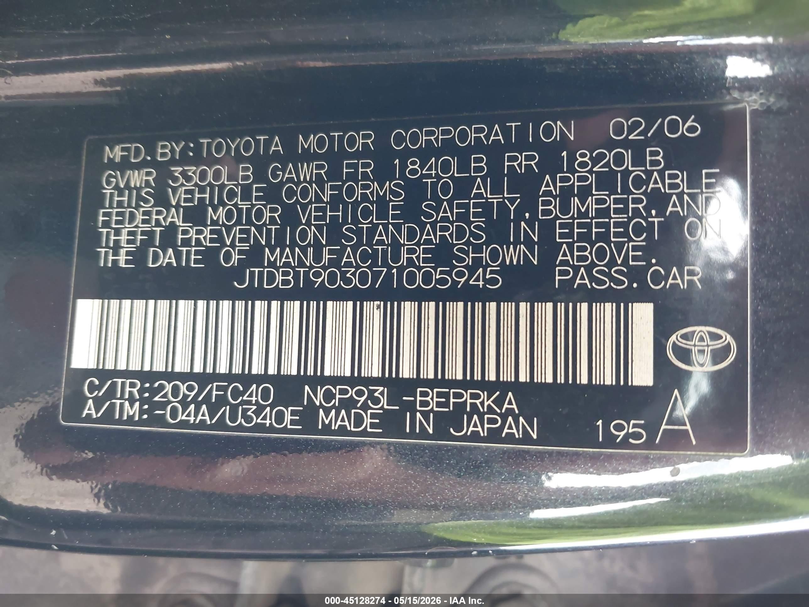 2007 Toyota Yaris   Black vin: JTDBT903071005945
