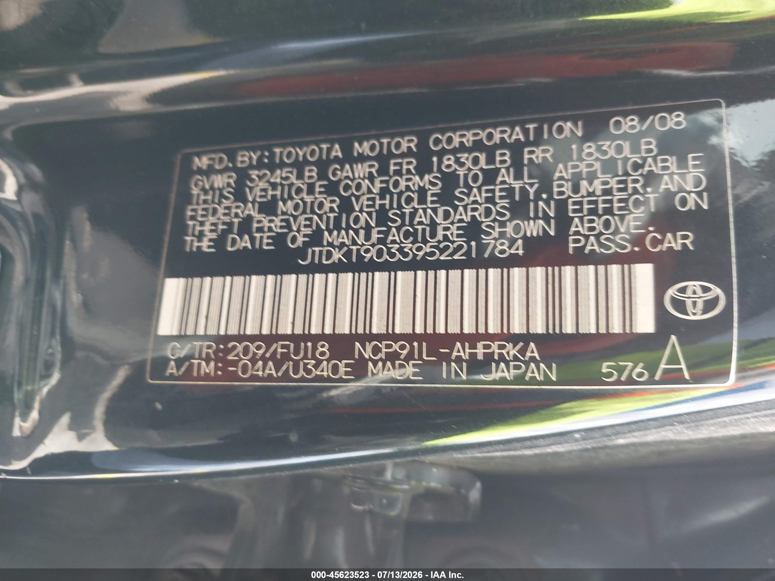 2009 Toyota Yaris   Black vin: JTDBT903091305214