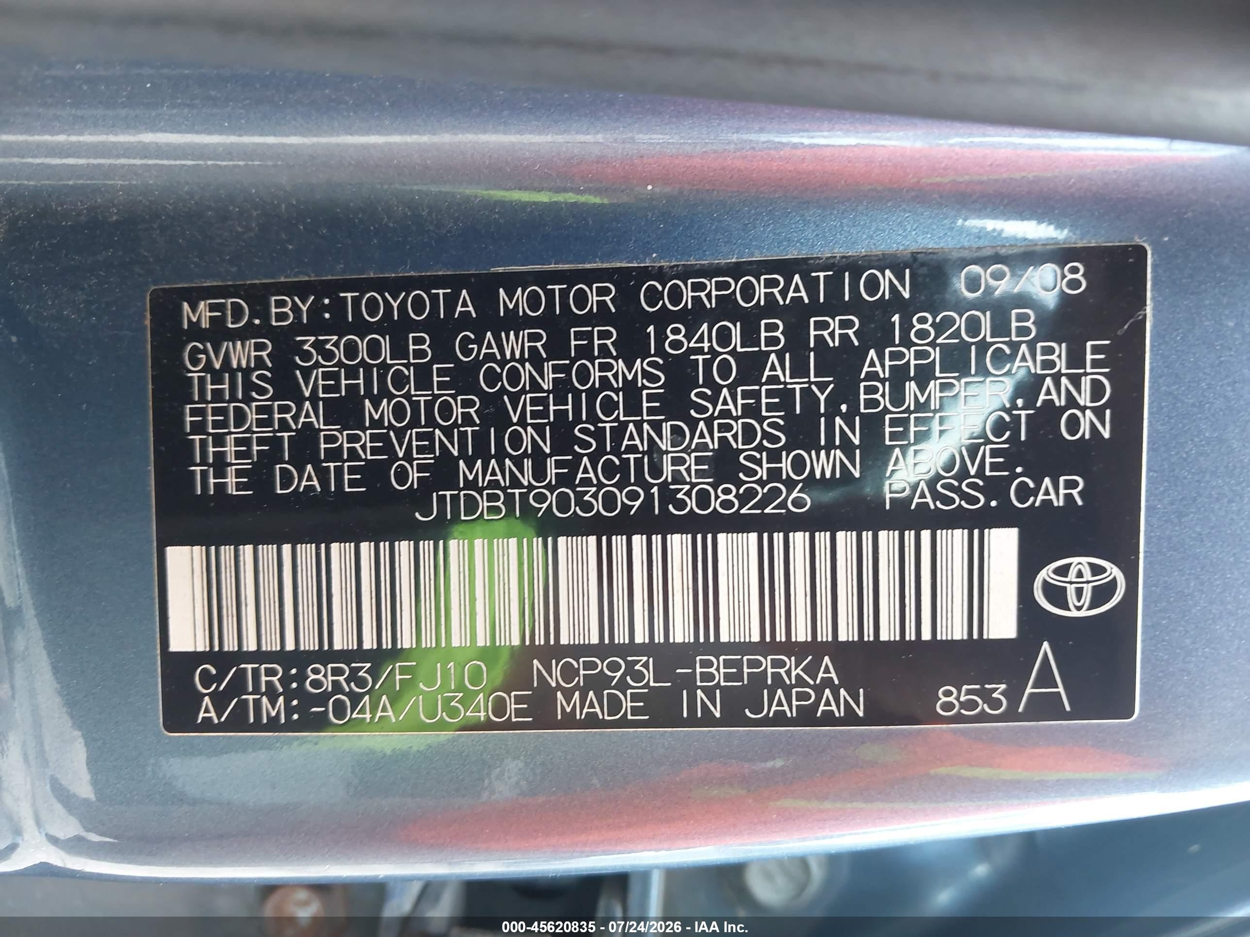 2009 Toyota Yaris   Blue vin: JTDBT903091308226