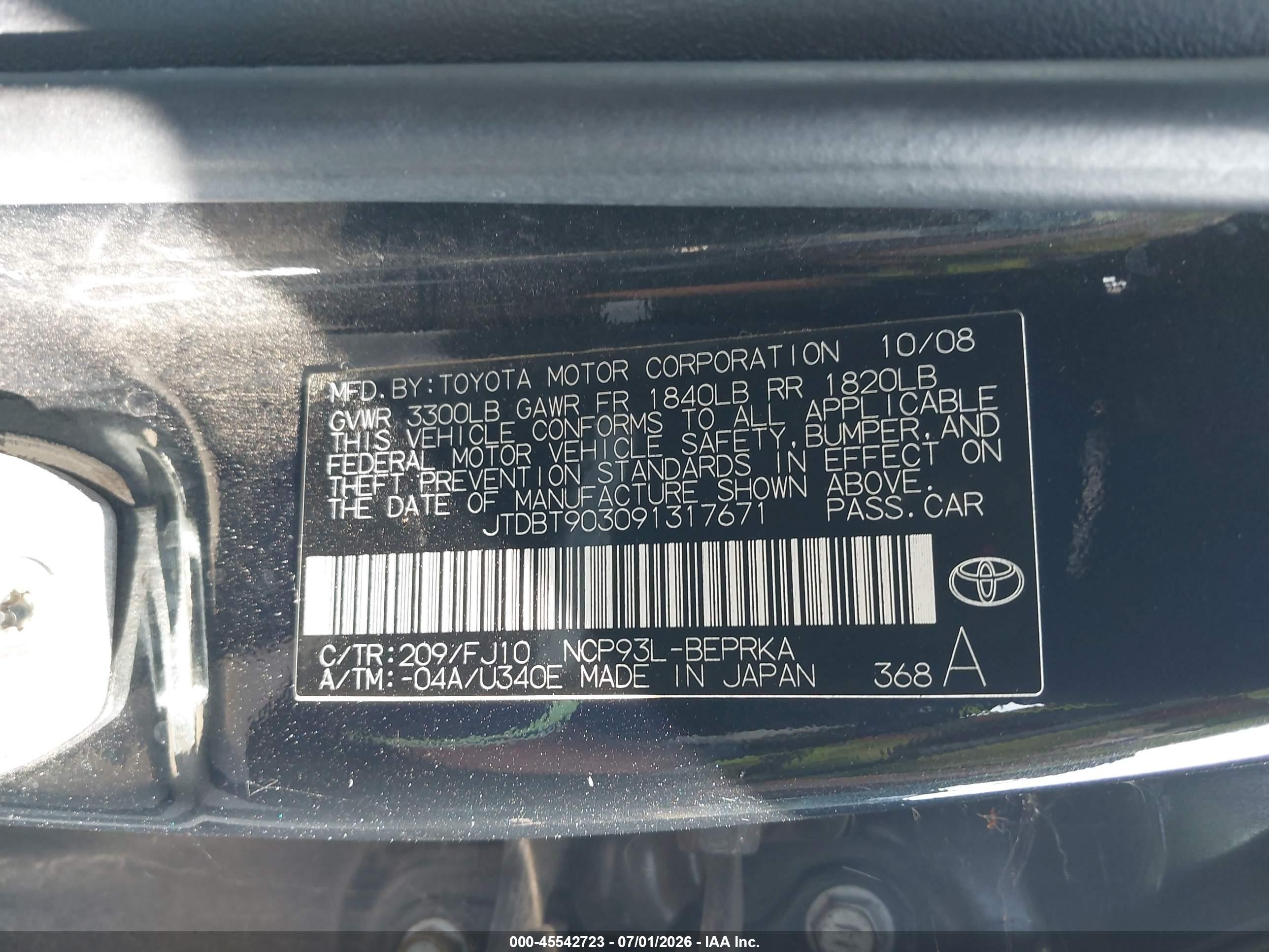2009 Toyota Yaris   Black vin: JTDBT903091317671
