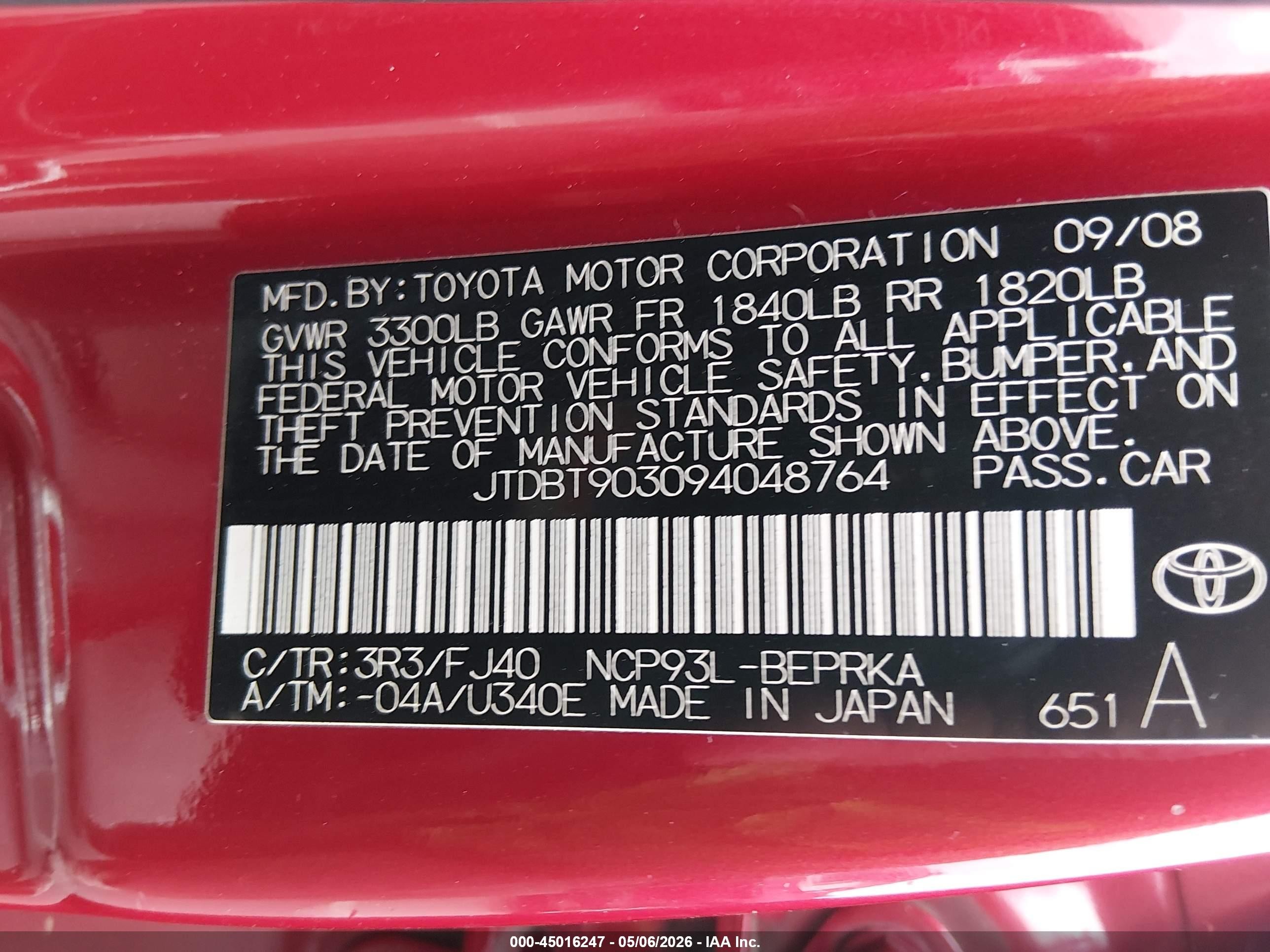 2009 Toyota Yaris   Красный vin: JTDBT903094048764