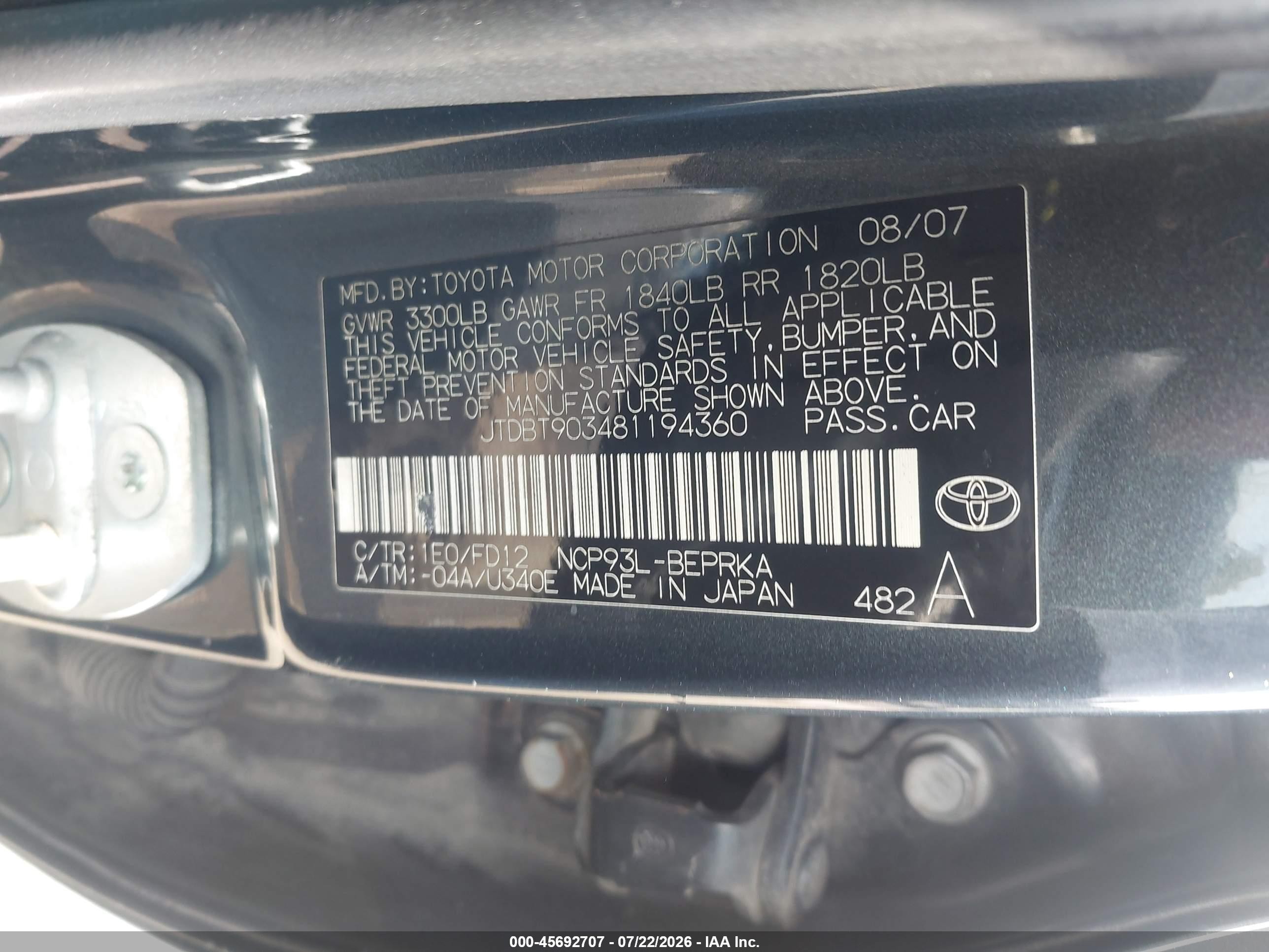 2008 Toyota Yaris   Gray vin: JTDBT903481194360