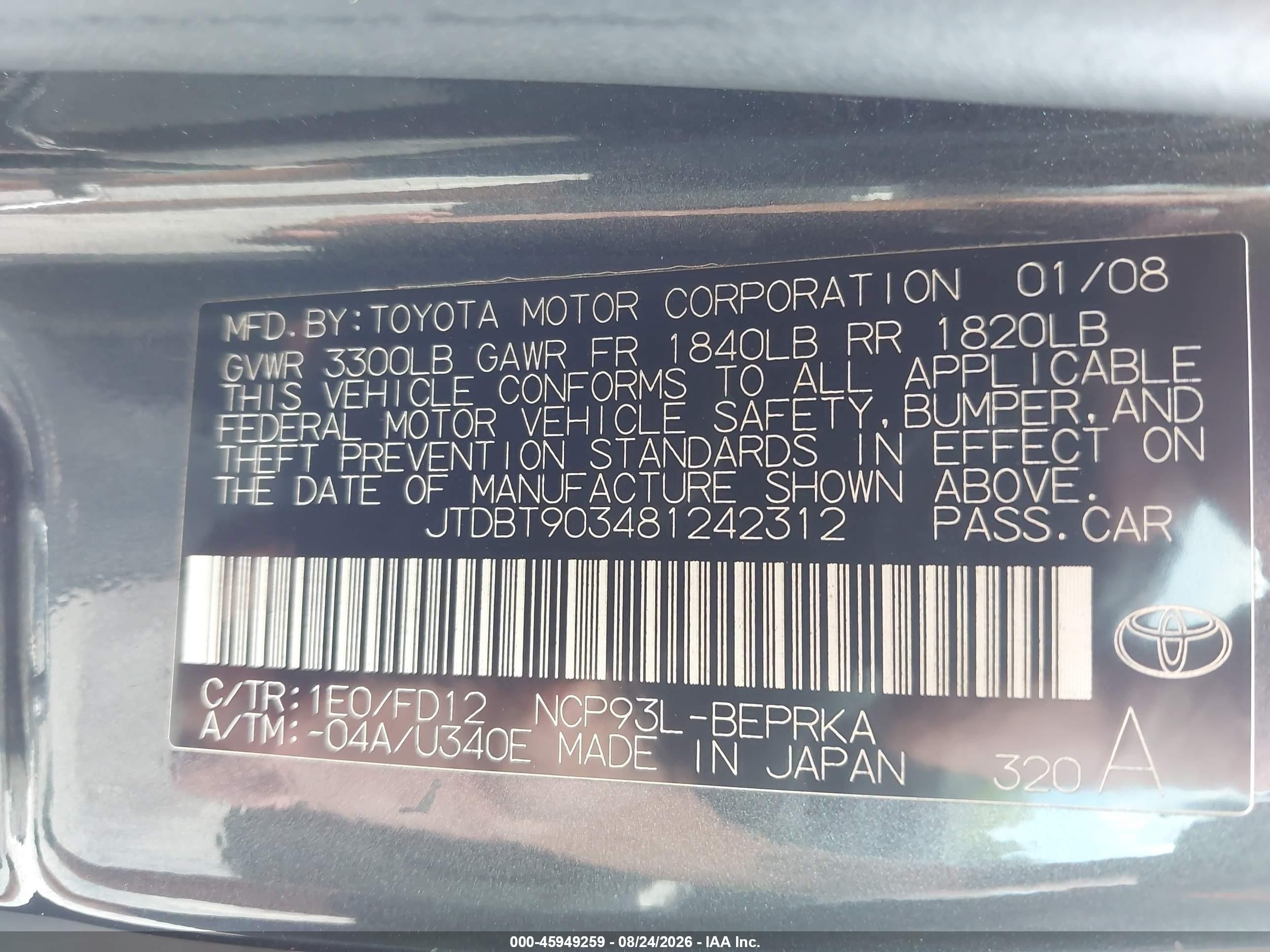2008 Toyota Yaris   Black vin: JTDBT903481242312