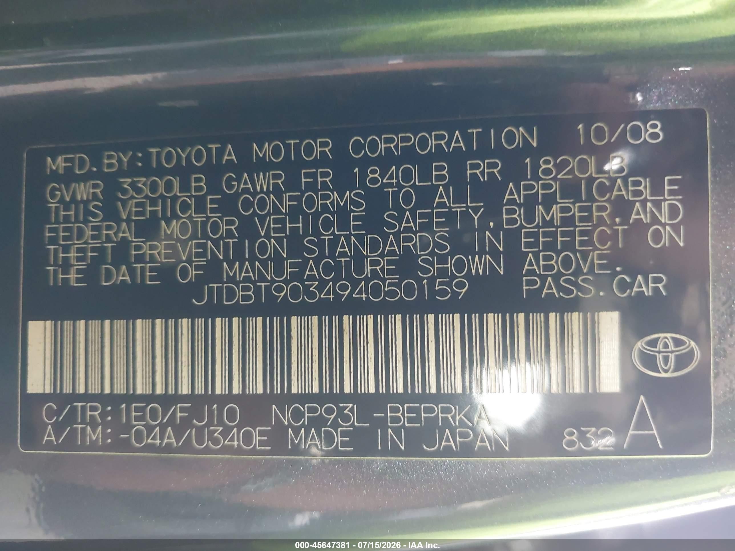 2009 Toyota Yaris   Gray vin: JTDBT903494050159