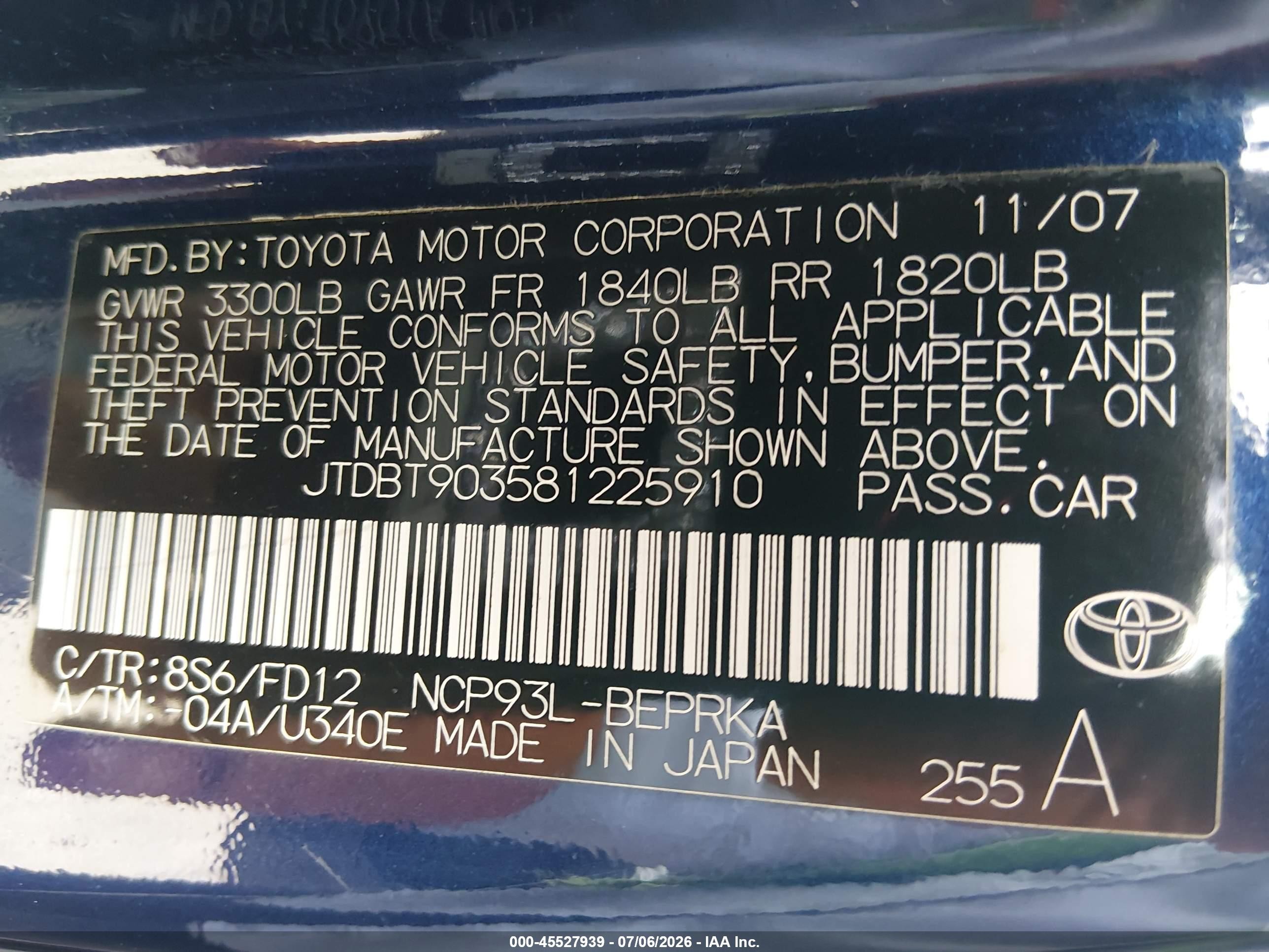 2008 Toyota Yaris   Blue vin: JTDBT903581225910