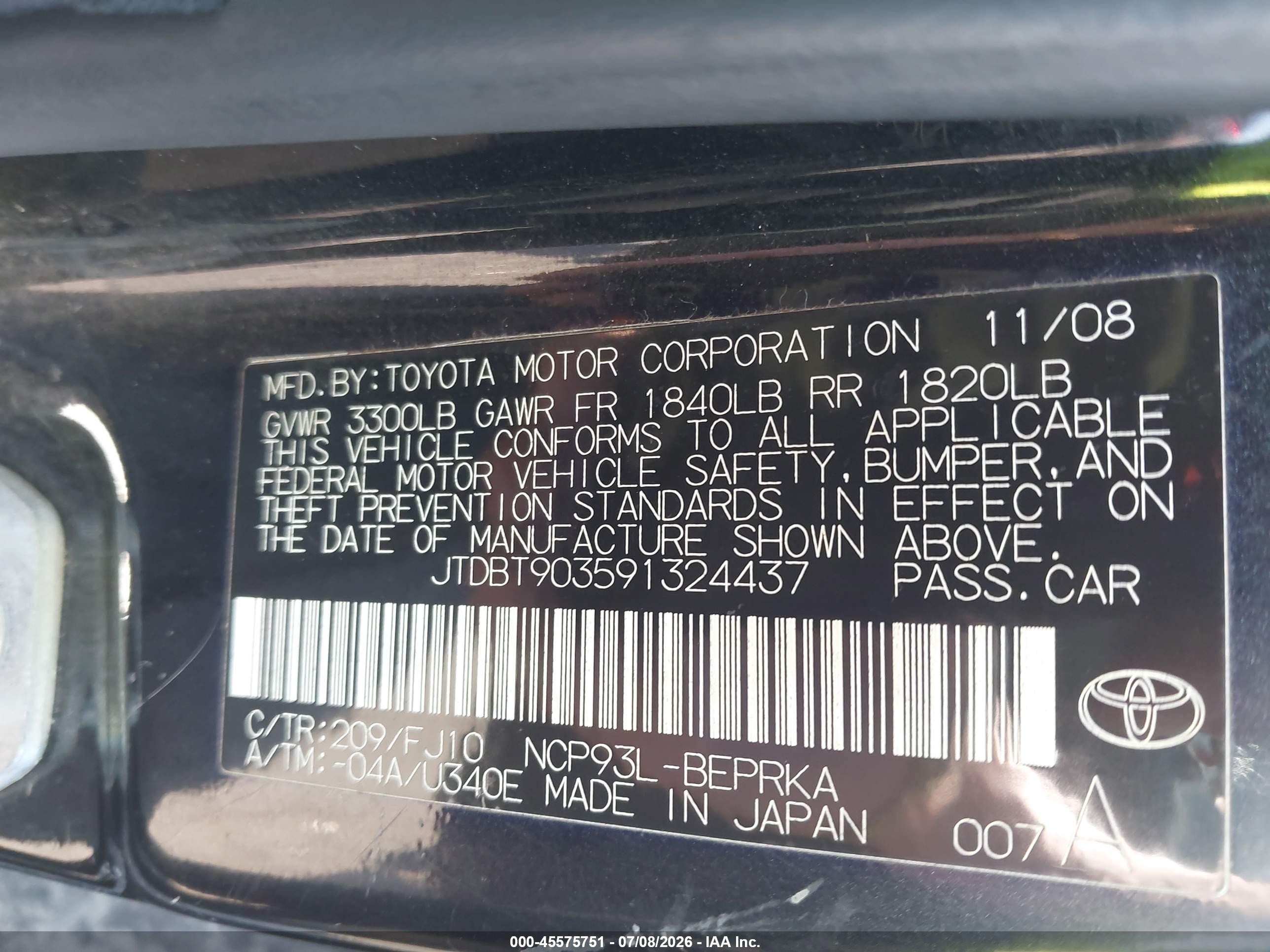 2009 Toyota Yaris   Black vin: JTDBT903591324437