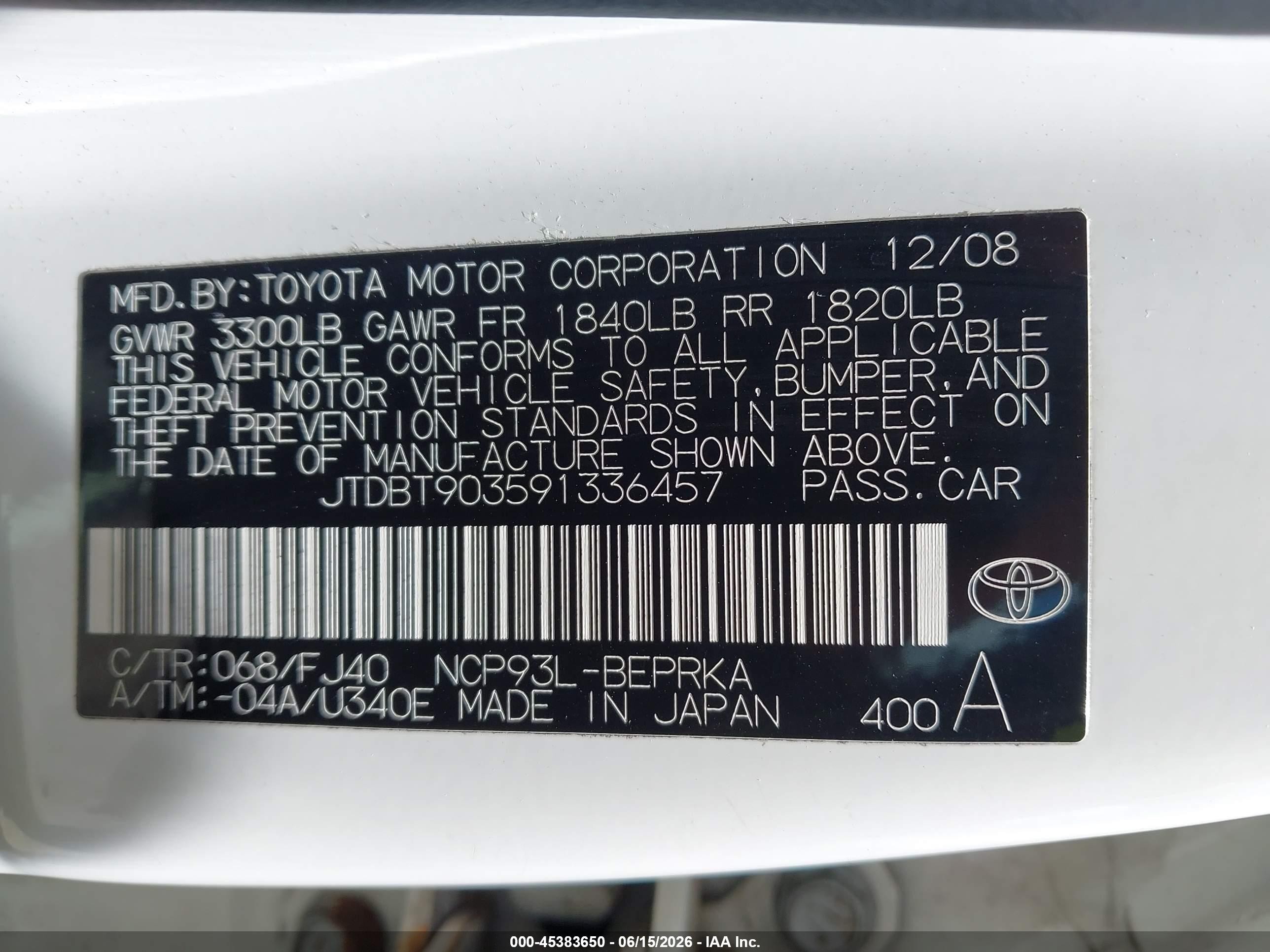 2009 Toyota Yaris   Белый vin: JTDBT903591336457