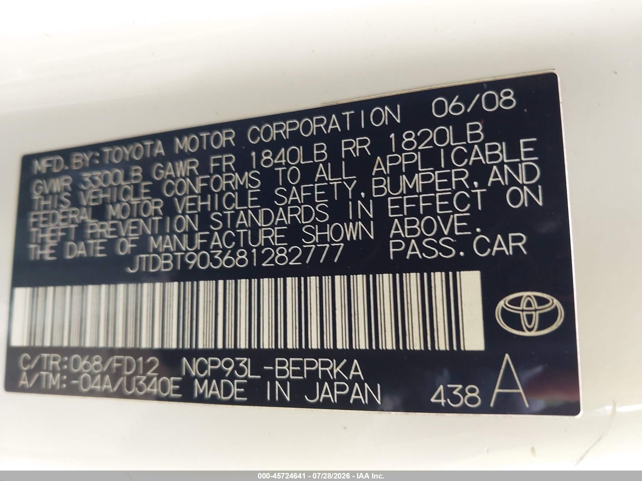 2008 Toyota Yaris   Белый vin: JTDBT903681282777