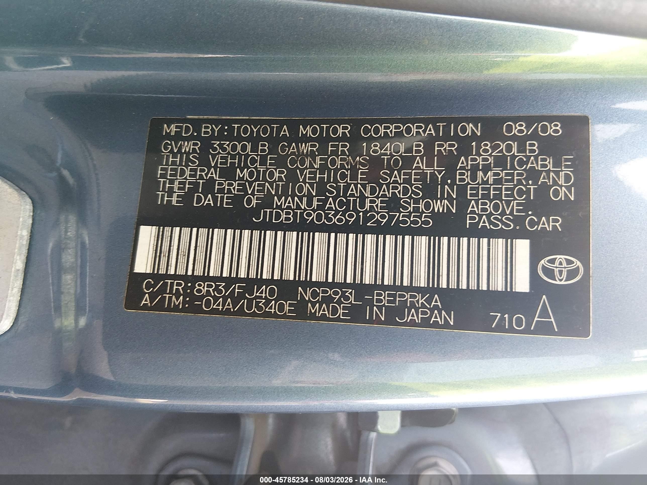 2009 Toyota Yaris Blue vin: JTDBT903691297555
